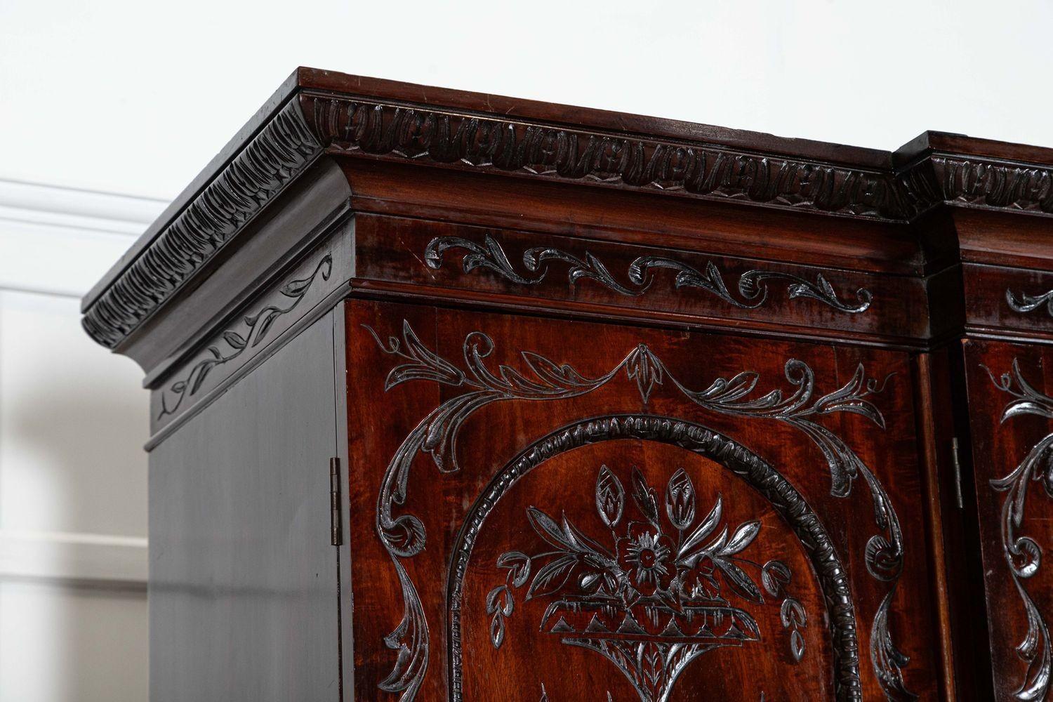 Large 19thC English Breakfront Mahogany Carved Linen Press For Sale 4