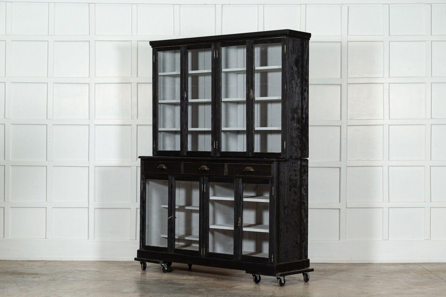 Large 19thC English Ebonised Pine Glazed Dresser / Bookcase For Sale 1