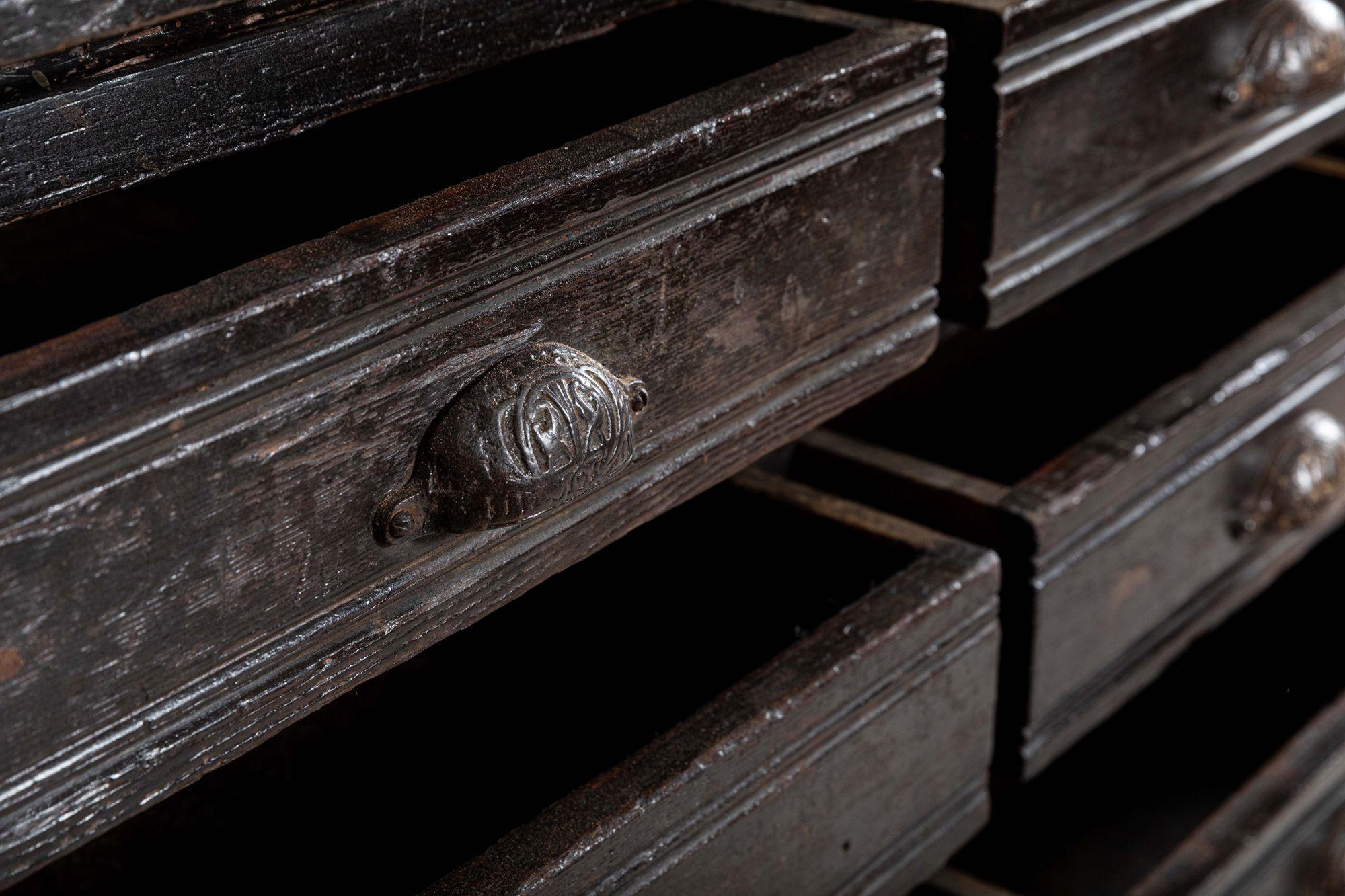 Large 19th C English Engineers Ebonised Bank of Drawers For Sale 8