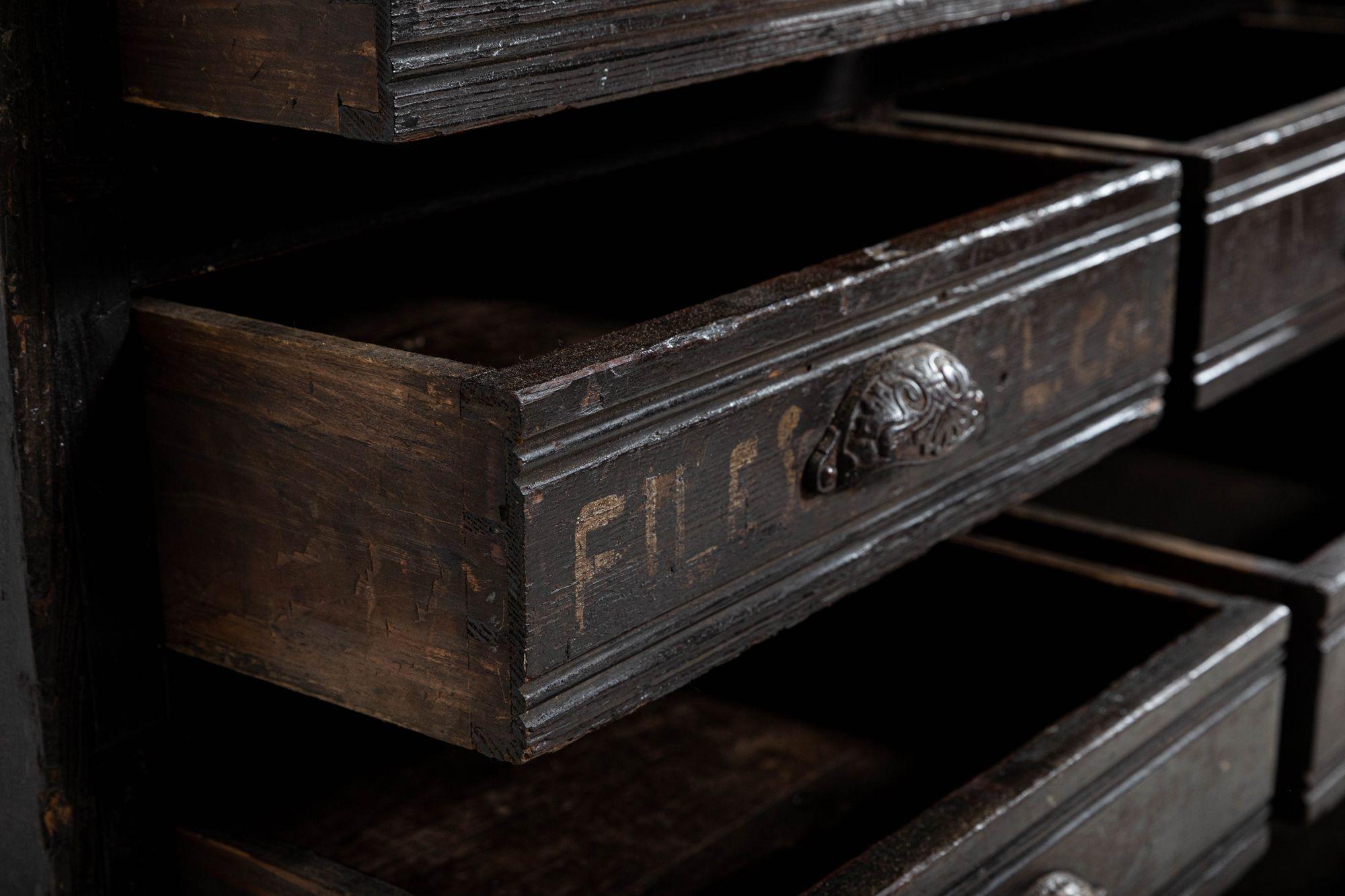 Large 19th C English Engineers Ebonised Bank of Drawers For Sale 9