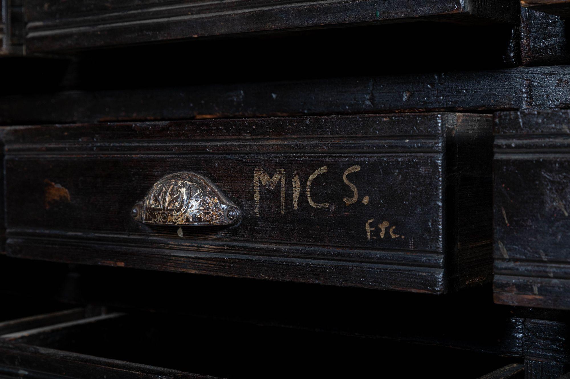 Large 19th C English Engineers Ebonised Bank of Drawers For Sale 10