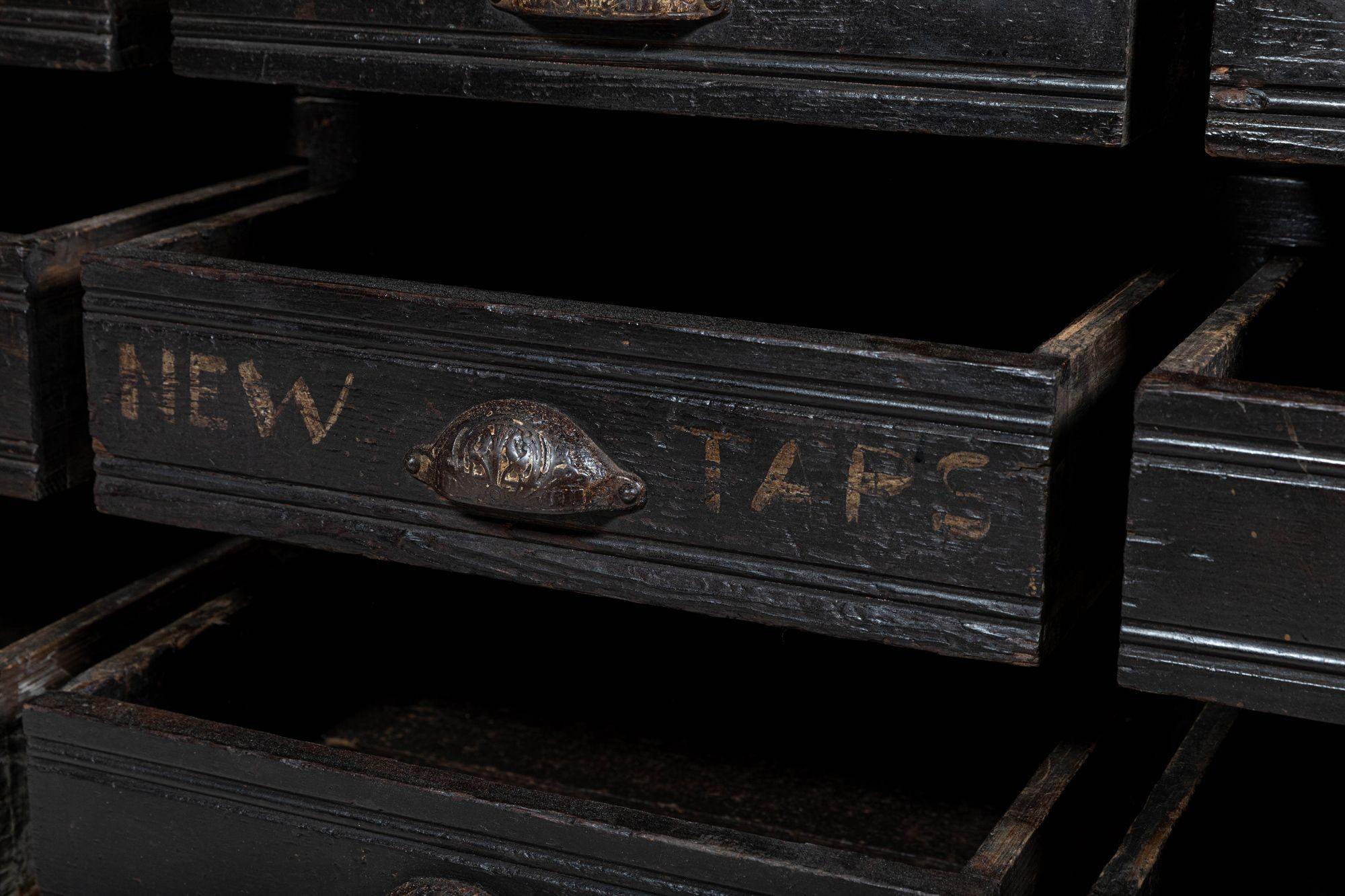 Large 19th C English Engineers Ebonised Bank of Drawers For Sale 11