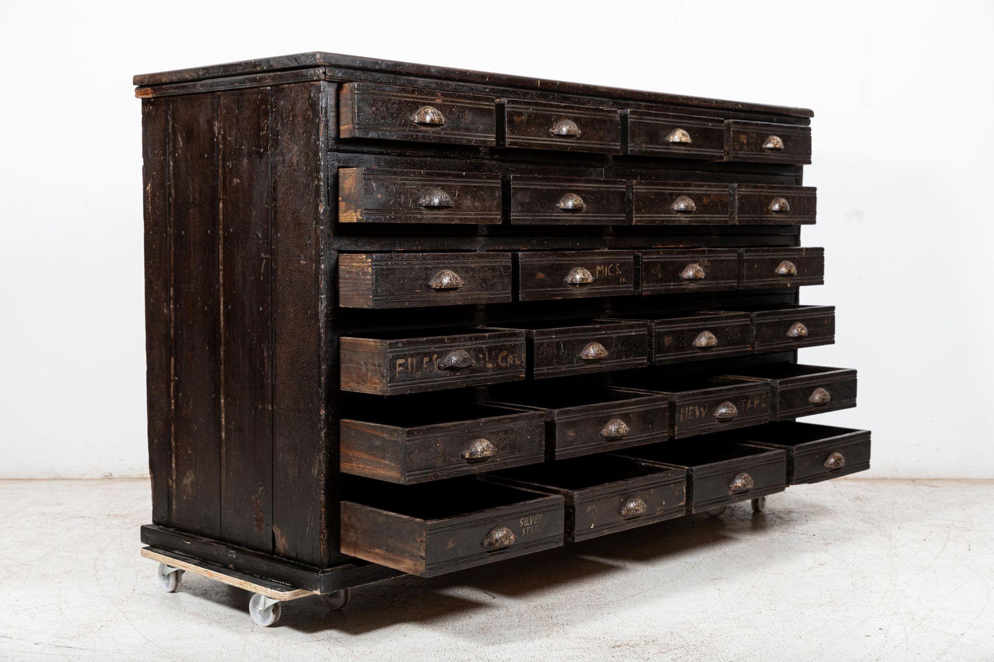 Pine Large 19th C English Engineers Ebonised Bank of Drawers For Sale