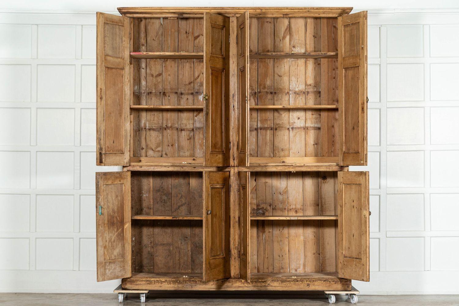 circa 1880
Large 19thC English Estate Made Pine Housekeepers Cupboard
sku 1850
Base W197 x D48 x H107 cm
Top W206 x D52 x H138 cm
Together W 206 x D52 x H245 cm
Weight 166 kg
Internal shelf depths 42 cm