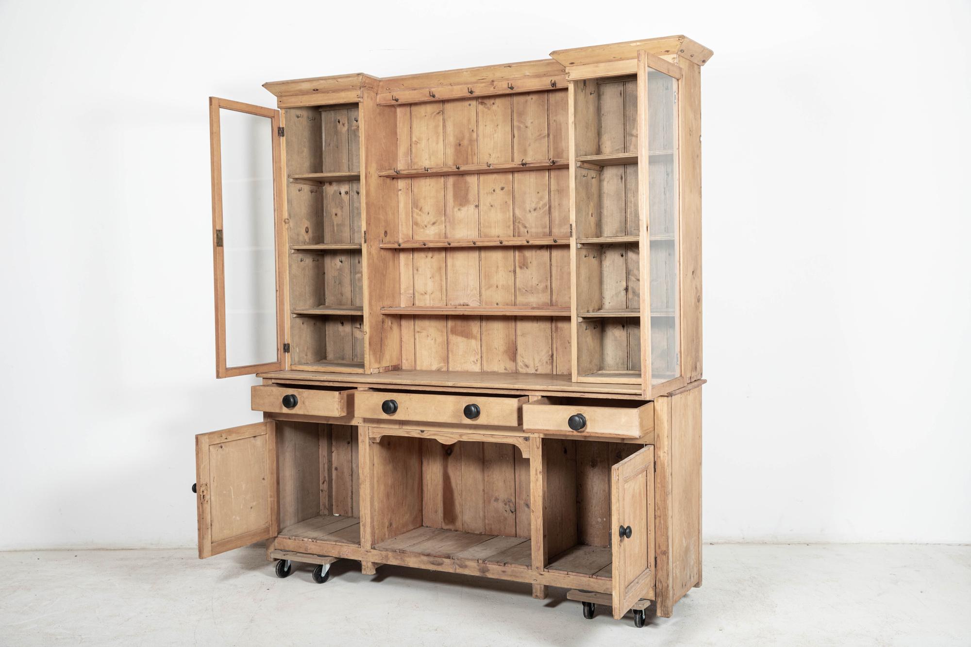 Large 19thC English Glazed Inverted Breakfront Pine Dresser For Sale 2