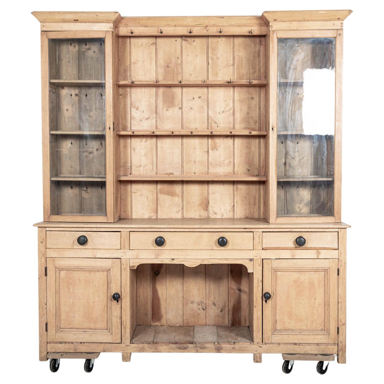 Large 19thC English Glazed Inverted Breakfront Pine Dresser For Sale