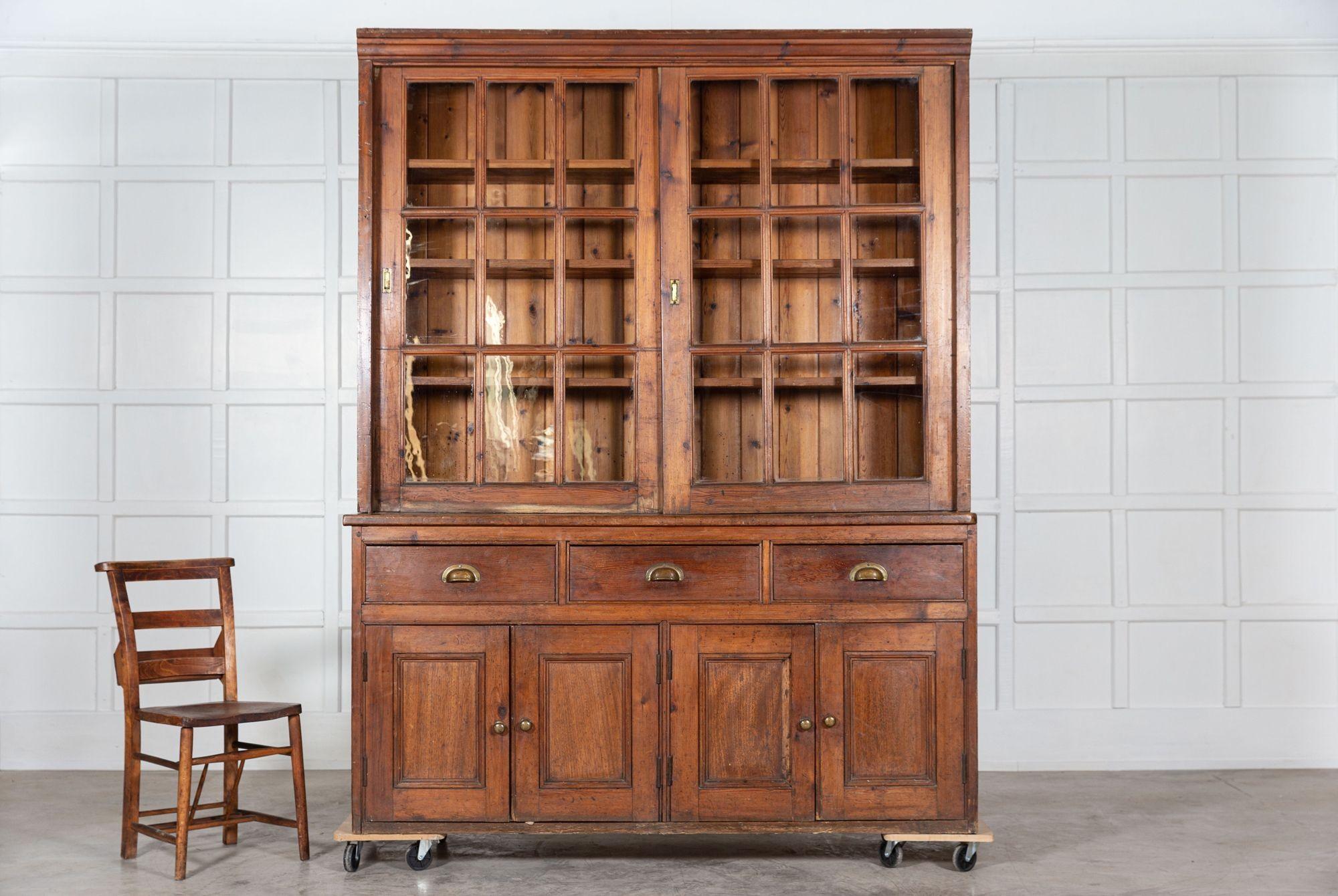 19th Century Large 19thC English Glazed Pine Haberdashery Cabinet For Sale