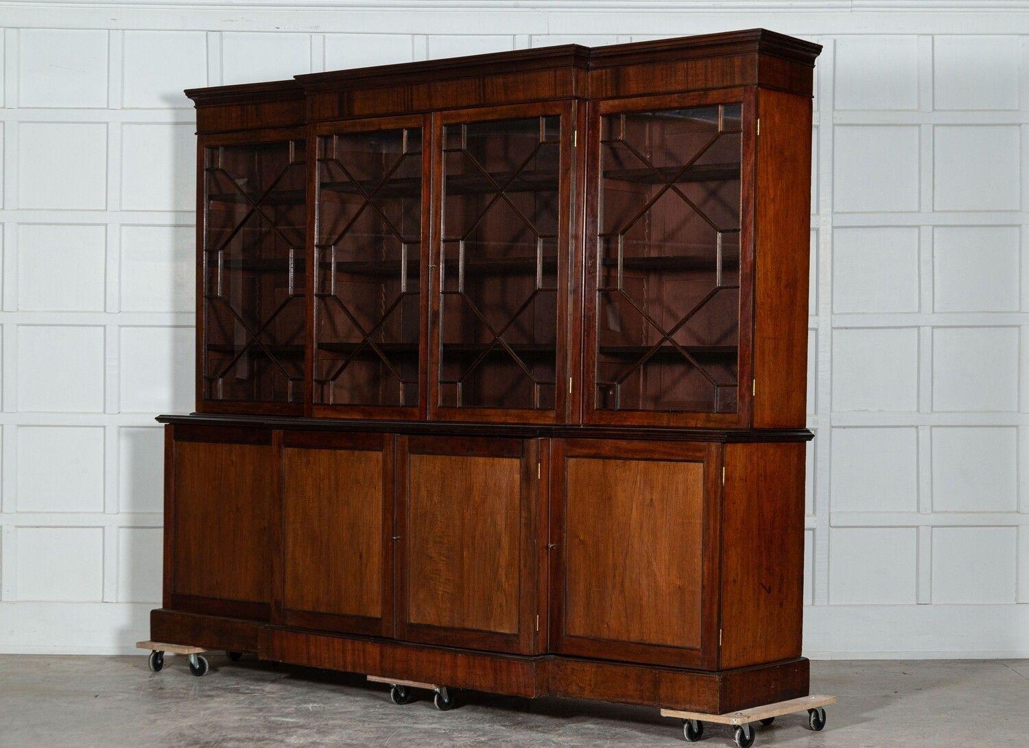 circa 1880
Large 19thC English Mahogany Astragal Glazed Breakfront Bookcase
sku 1544
Together W263 x D52 x H211 cm
Base W261 x D52 x H87 cm
Top W263 x D37 x H124 cm