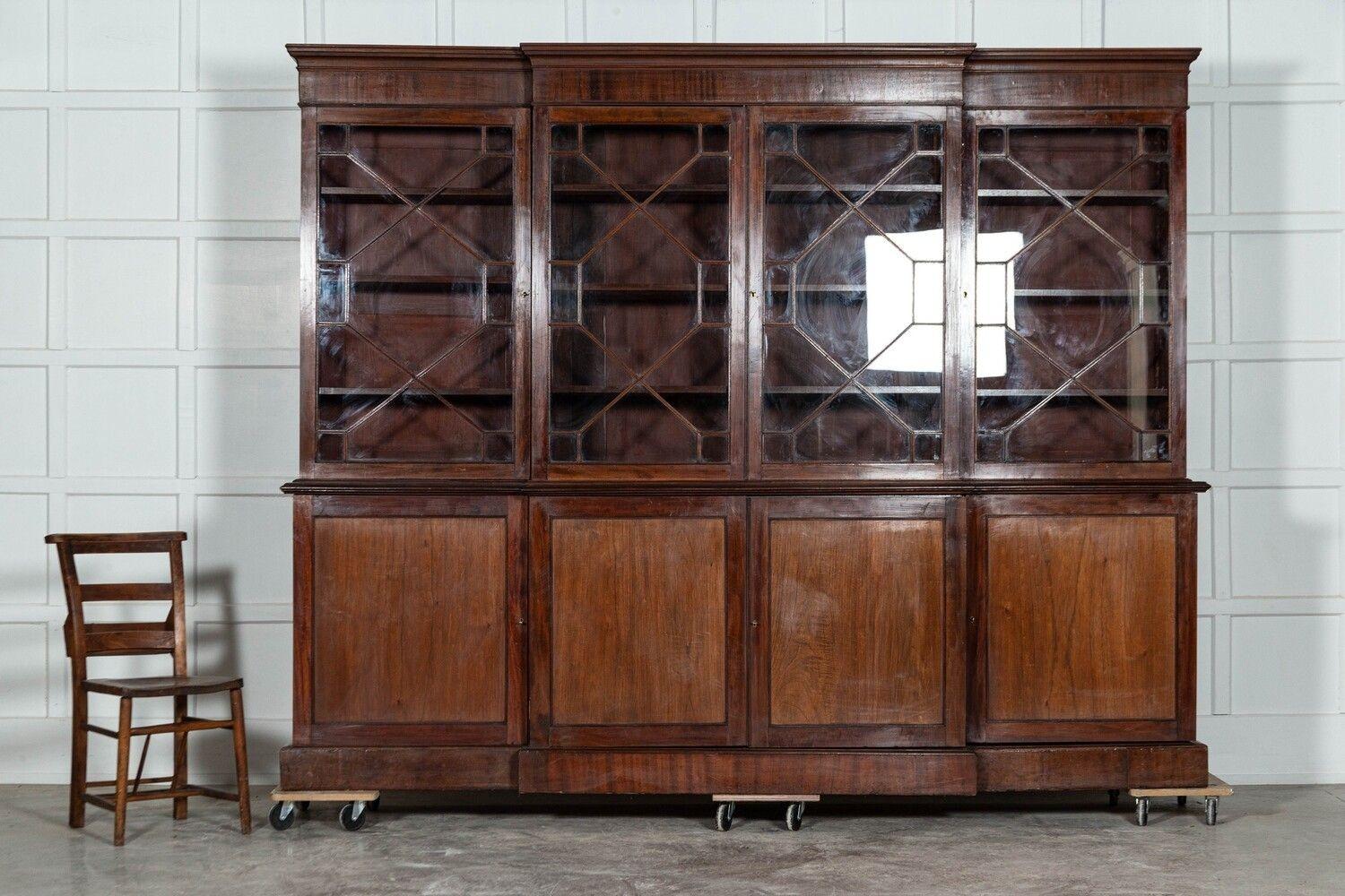 Large 19thC English Mahogany Astragal Glazed Breakfront Bookcase For Sale 1