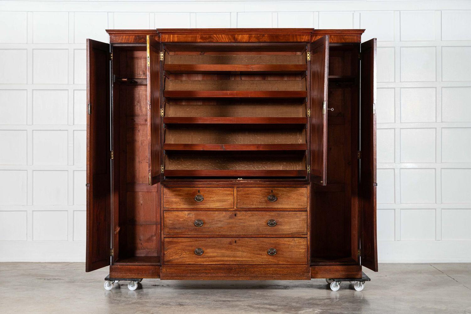 circa 1880
Large 19thC English Mahogany Breakfront Linen Press
sku 1994
W205 x D61 x H197 cm
Weight 189 kg
6 individual pieces
Cornice W205 x D61 x H11 cm
Plinth W199 x D56 x H10 cm
Right side cupboard W41 x D47 x H176 cm
Left side cupboard W41 x
