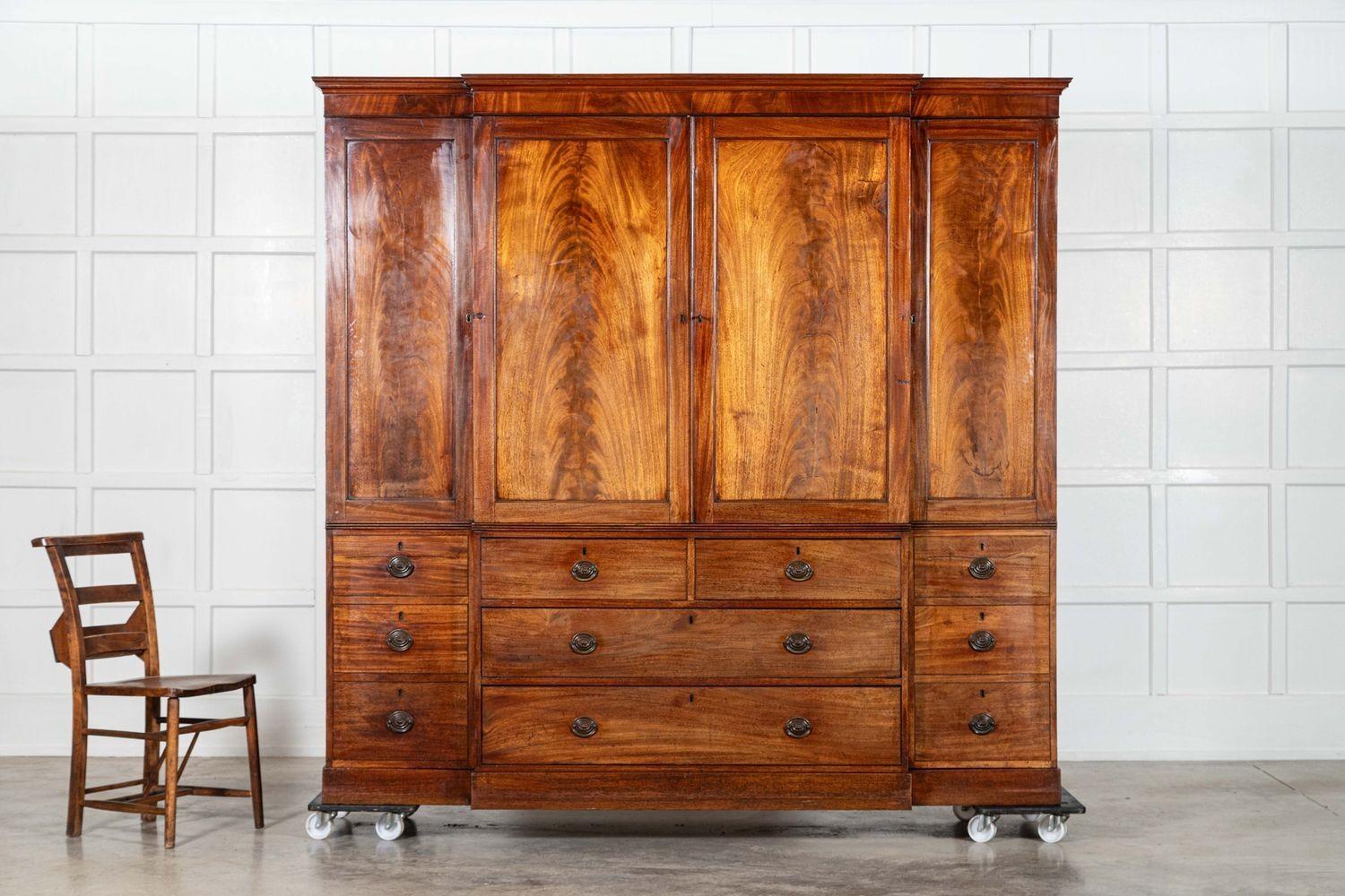 19th Century Large 19thC English Mahogany Breakfront Linen Press For Sale