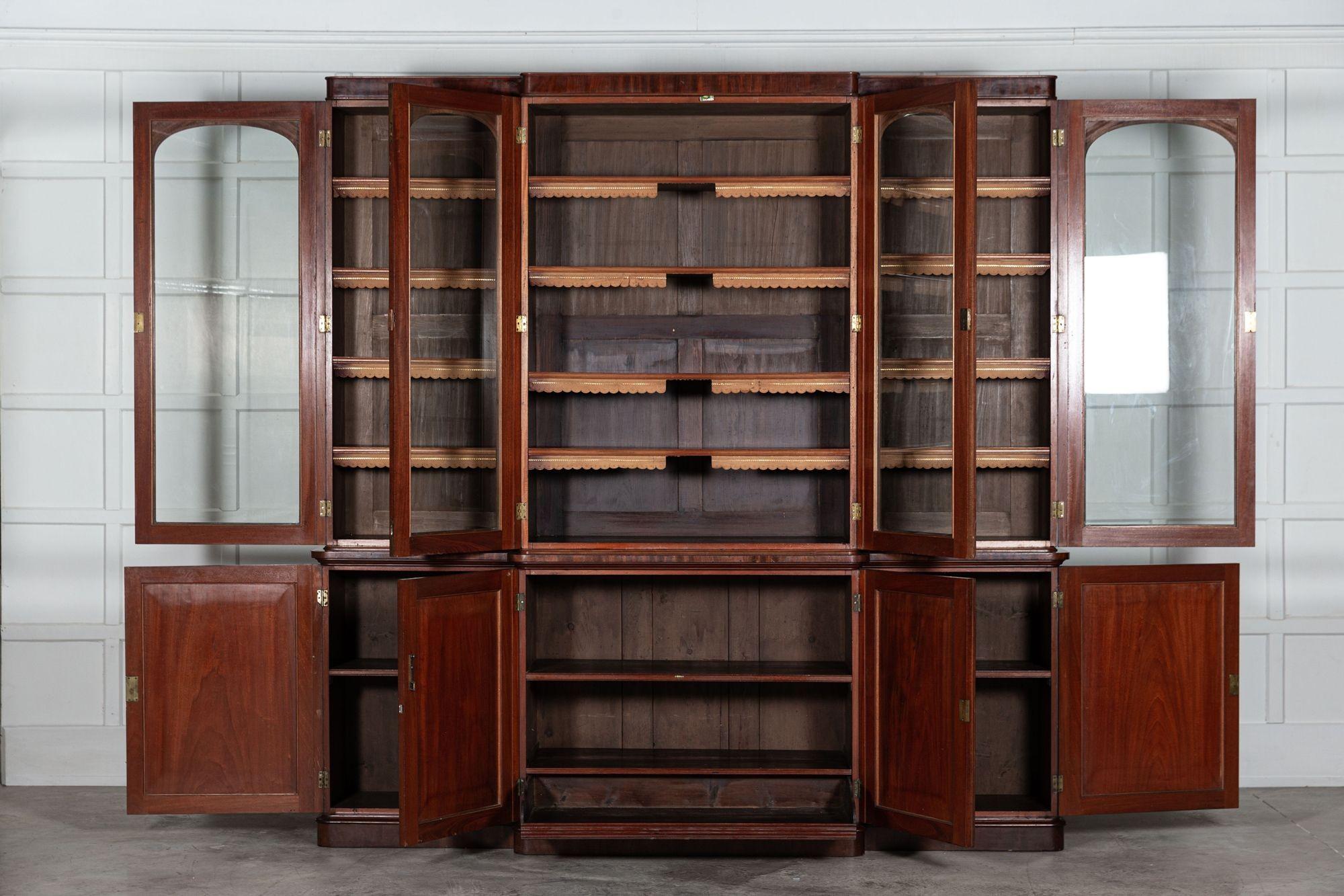 circa 1880
Large 19th C English mahogany glazed breakfront bookcase.
We can also customise existing pieces to suit your scheme/requirements. We have our own workshop, restorers and finishers. From adapting to finishing pieces including, stripping,