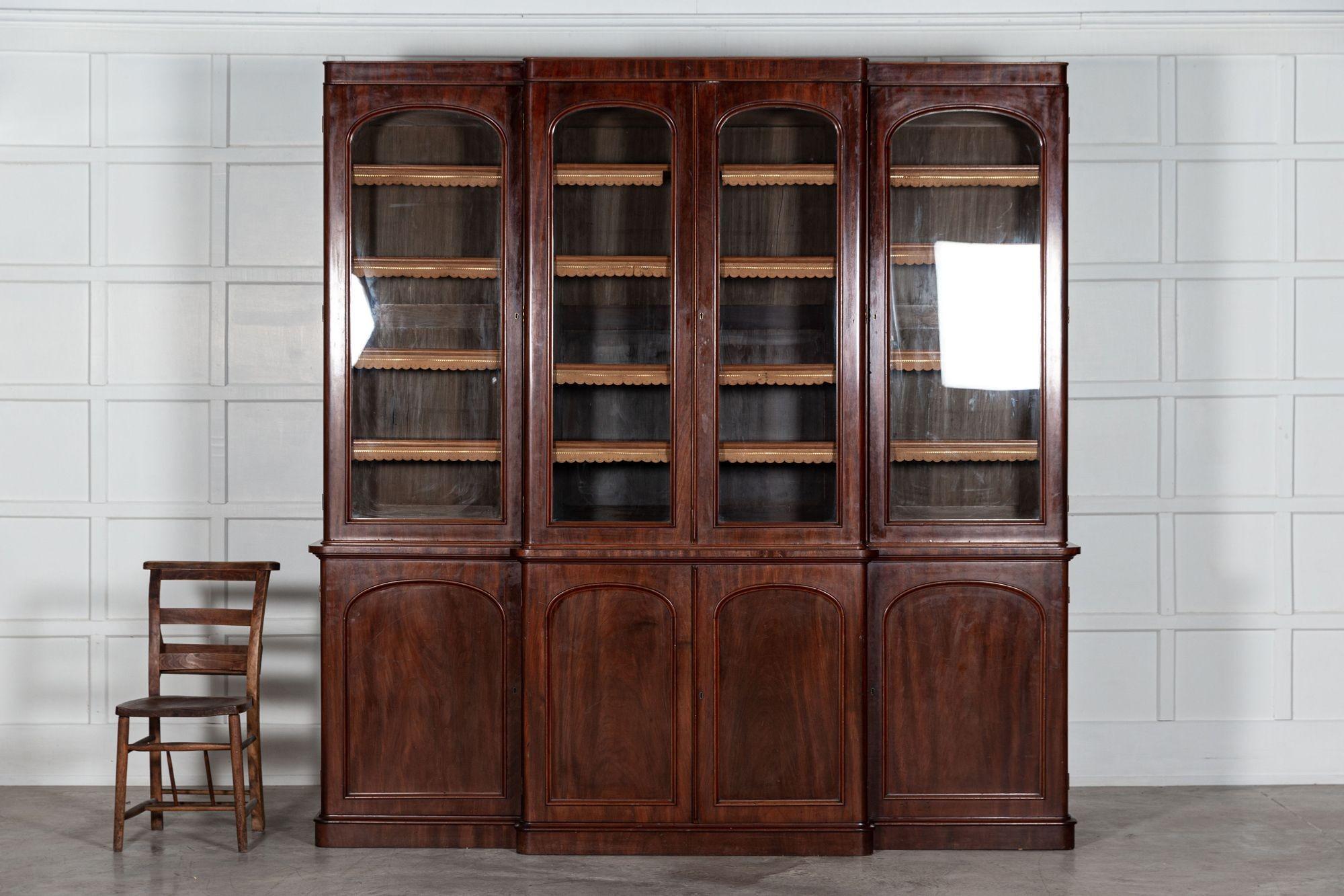 19th Century Large 19th C English Mahogany Glazed Breakfront Bookcase For Sale