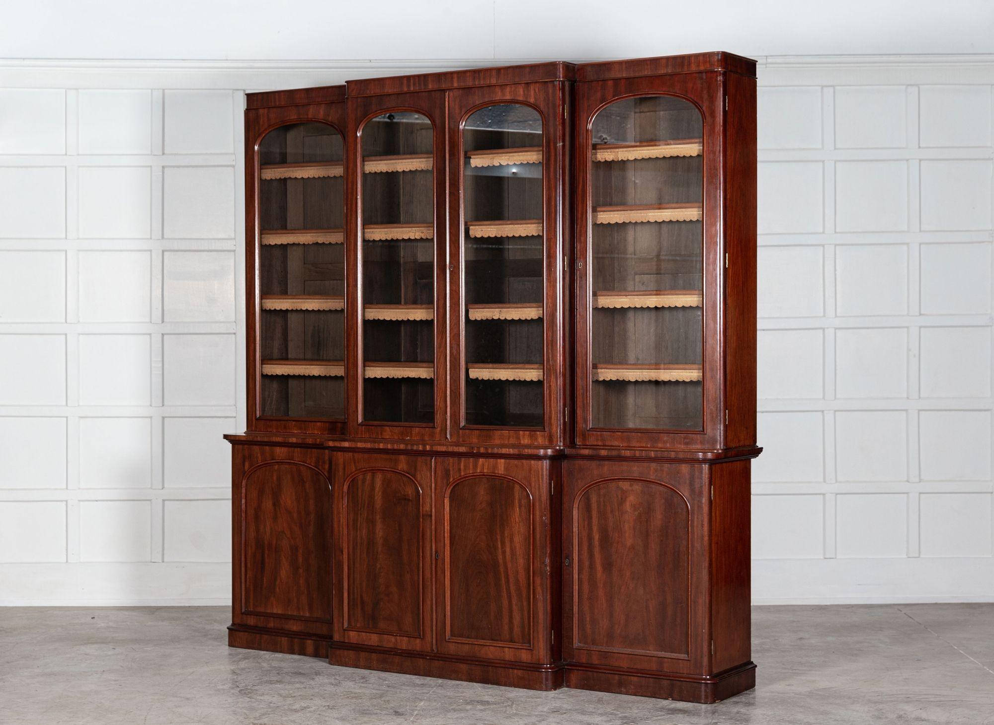 Large 19th C English Mahogany Glazed Breakfront Bookcase For Sale 1
