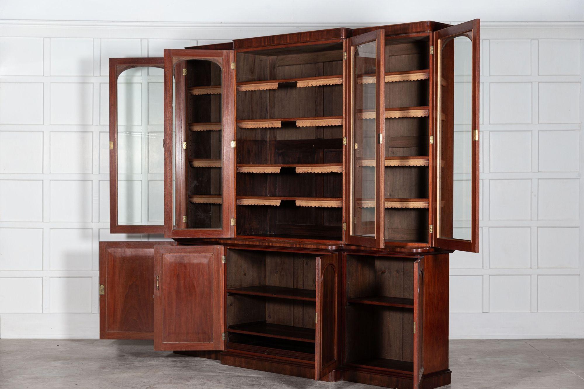 Large 19th C English Mahogany Glazed Breakfront Bookcase For Sale 2