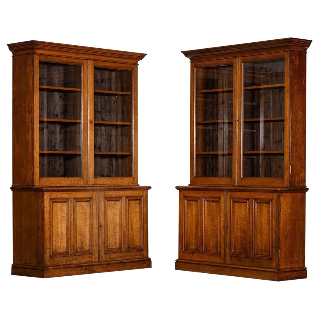 Large 19thC English Oak Glazed Bookcase Cabinet