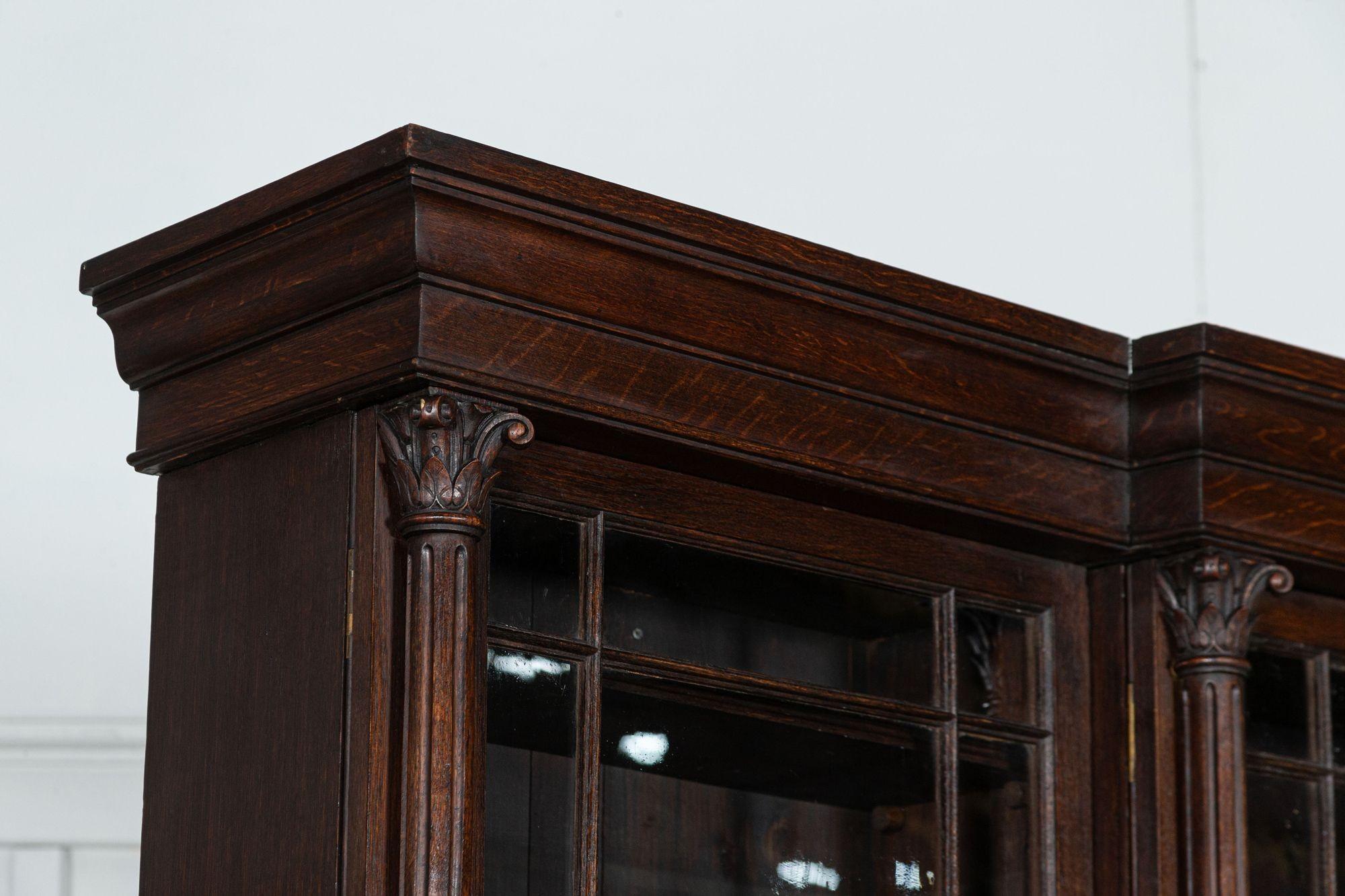Large 19thC English Oak Glazed Breakfront Bookcase For Sale 7