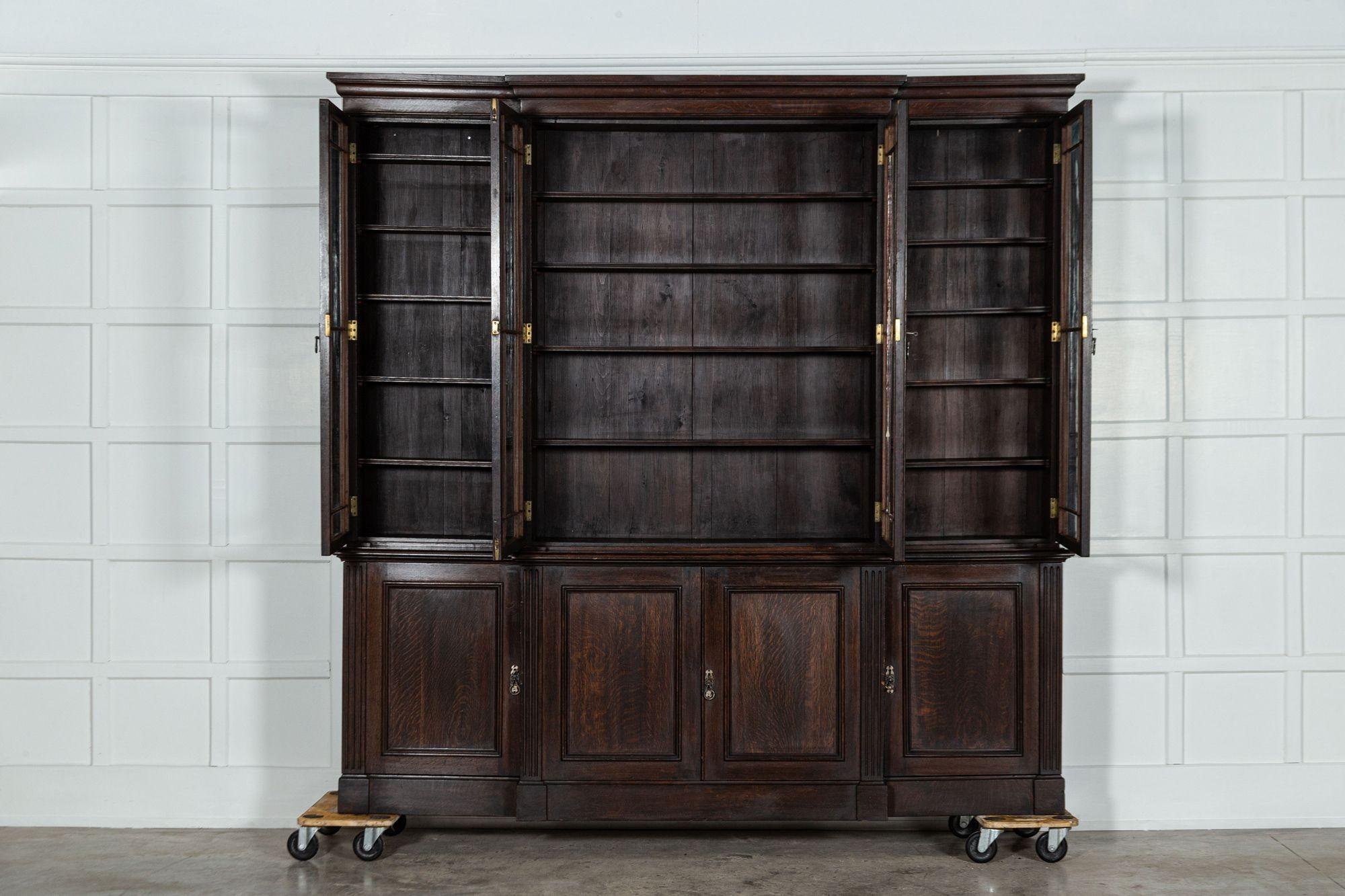circa 1870
Large 19thC English Oak Glazed Breakfront Bookcase
sku 1596
Base W236 x D38 x H85 cm
Top W240 x D33 x H150 cm
Together W240 x D38 x H235 cm