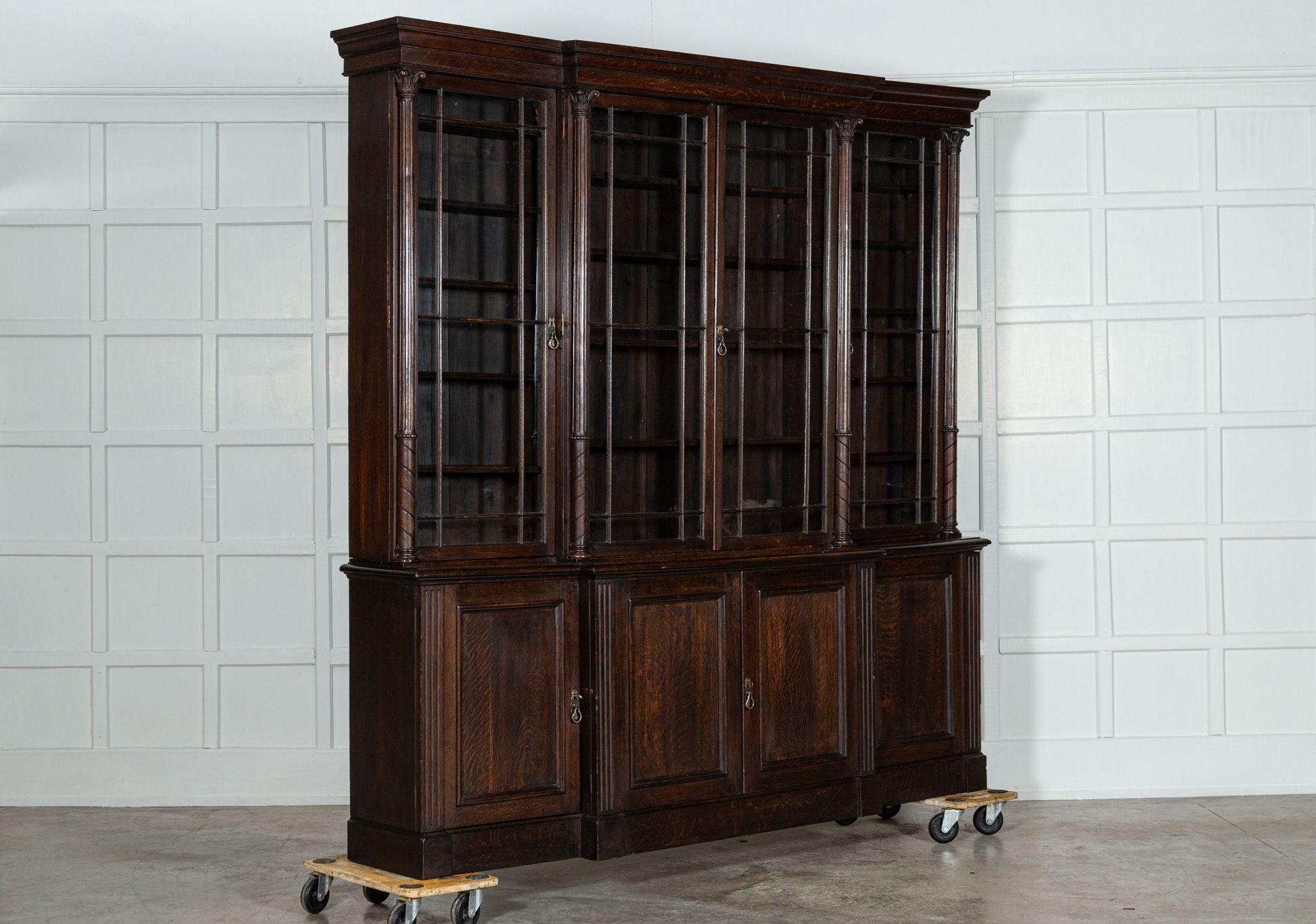 19th Century Large 19thC English Oak Glazed Breakfront Bookcase For Sale