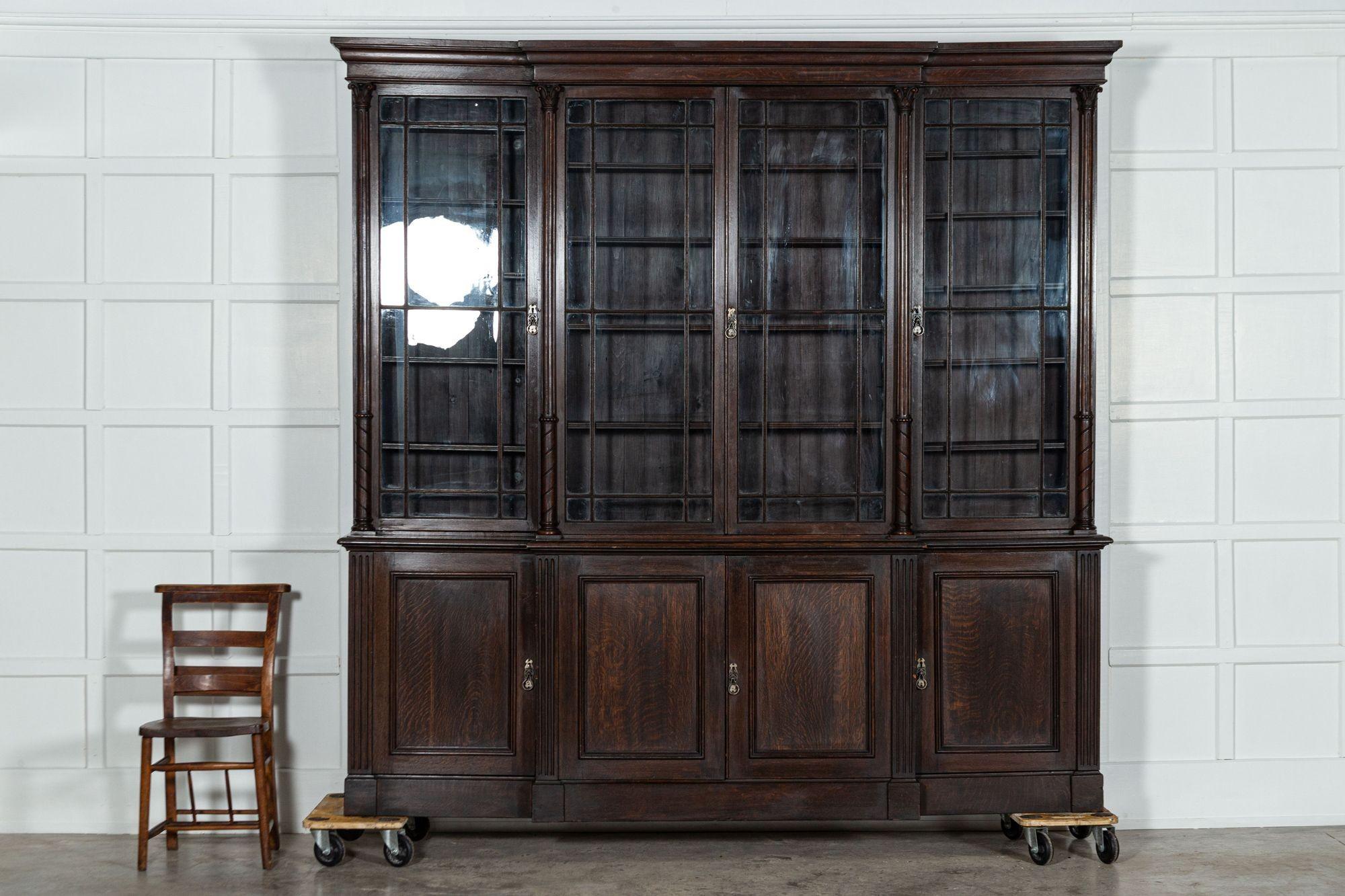 Large 19thC English Oak Glazed Breakfront Bookcase For Sale 1