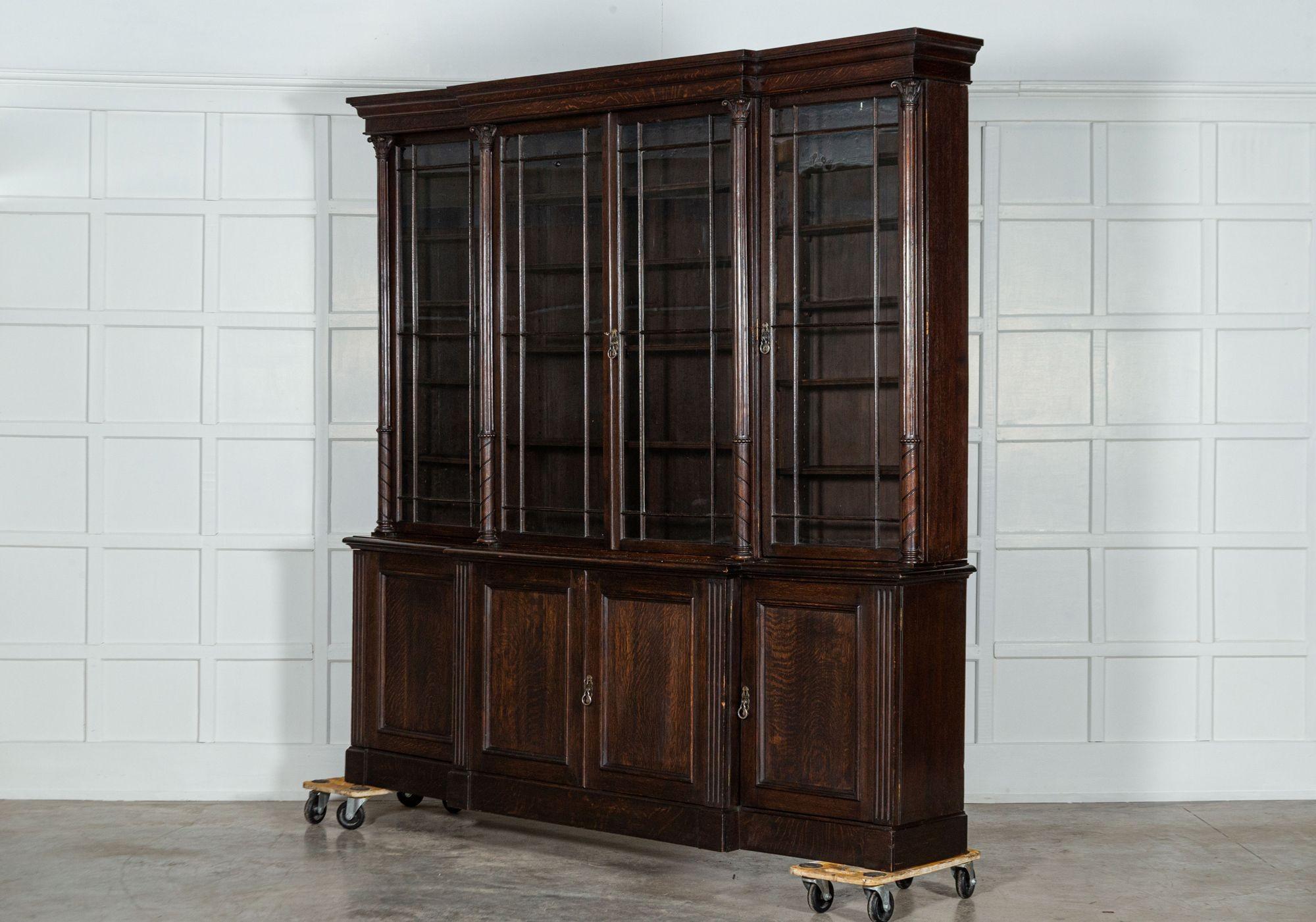 Large 19thC English Oak Glazed Breakfront Bookcase For Sale 2