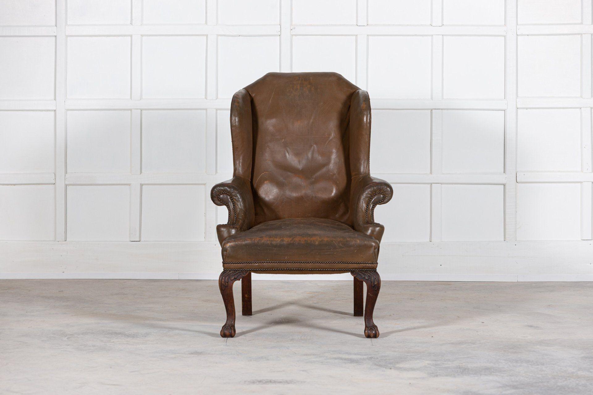 Circa 1880
Large 19thC English olive leather & mahogany wingback armchair
Measures: W 83 x D 96 x H 118cm
Seat height 49 cm.
  