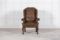 Large 19thC English Olive Leather & Mahogany Wingback Armchair