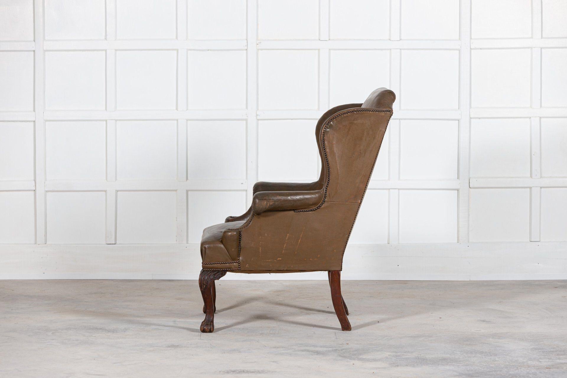 Late 19th Century Large 19thC English Olive Leather & Mahogany Wingback Armchair For Sale