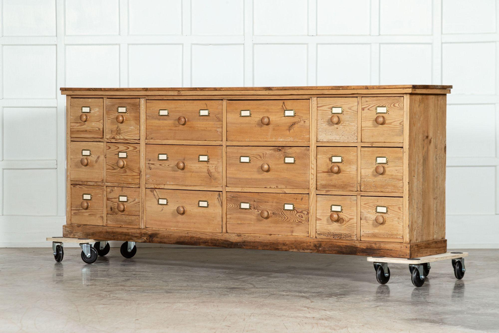 Large 19th Century English Pine Apothecary Bank Drawers 1