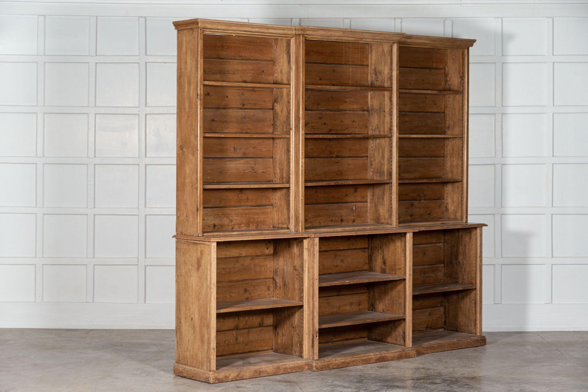 Large 19th Century  English Pine Breakfront Bookcase For Sale 1