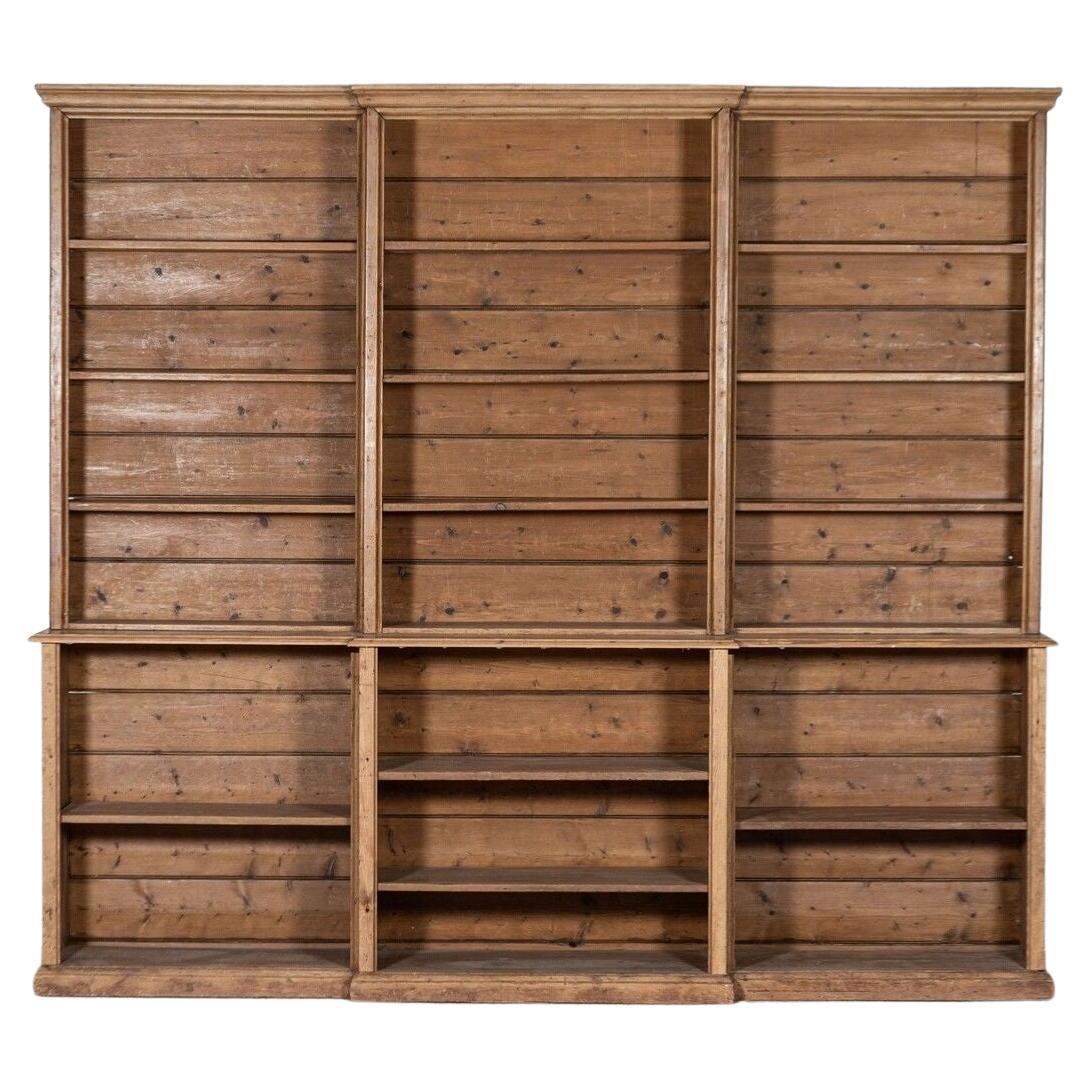 Large 19th Century  English Pine Breakfront Bookcase For Sale