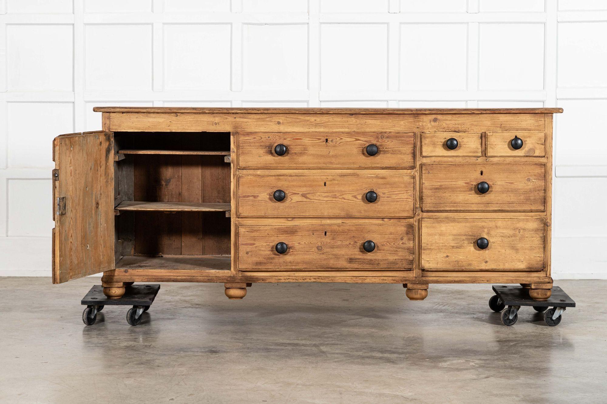 circa 1880
Large 19thC English Pine Dresser Base

sku 1504
W196.5 x D52 x H81 cm
Internal shelf depth 46.5 cm
Weight 75Kg