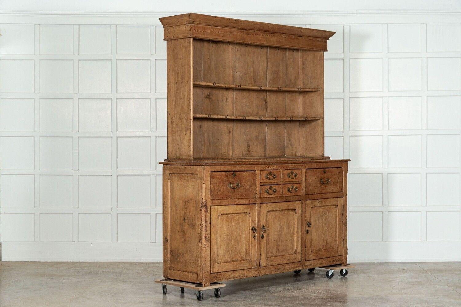 circa 1850
Large 19thC English Pine Dresser
sku 1635
Base W188 x D57 x H100 cm
Top W186 x D39 x H124 cm
Together W188 x D57 x H224 cm