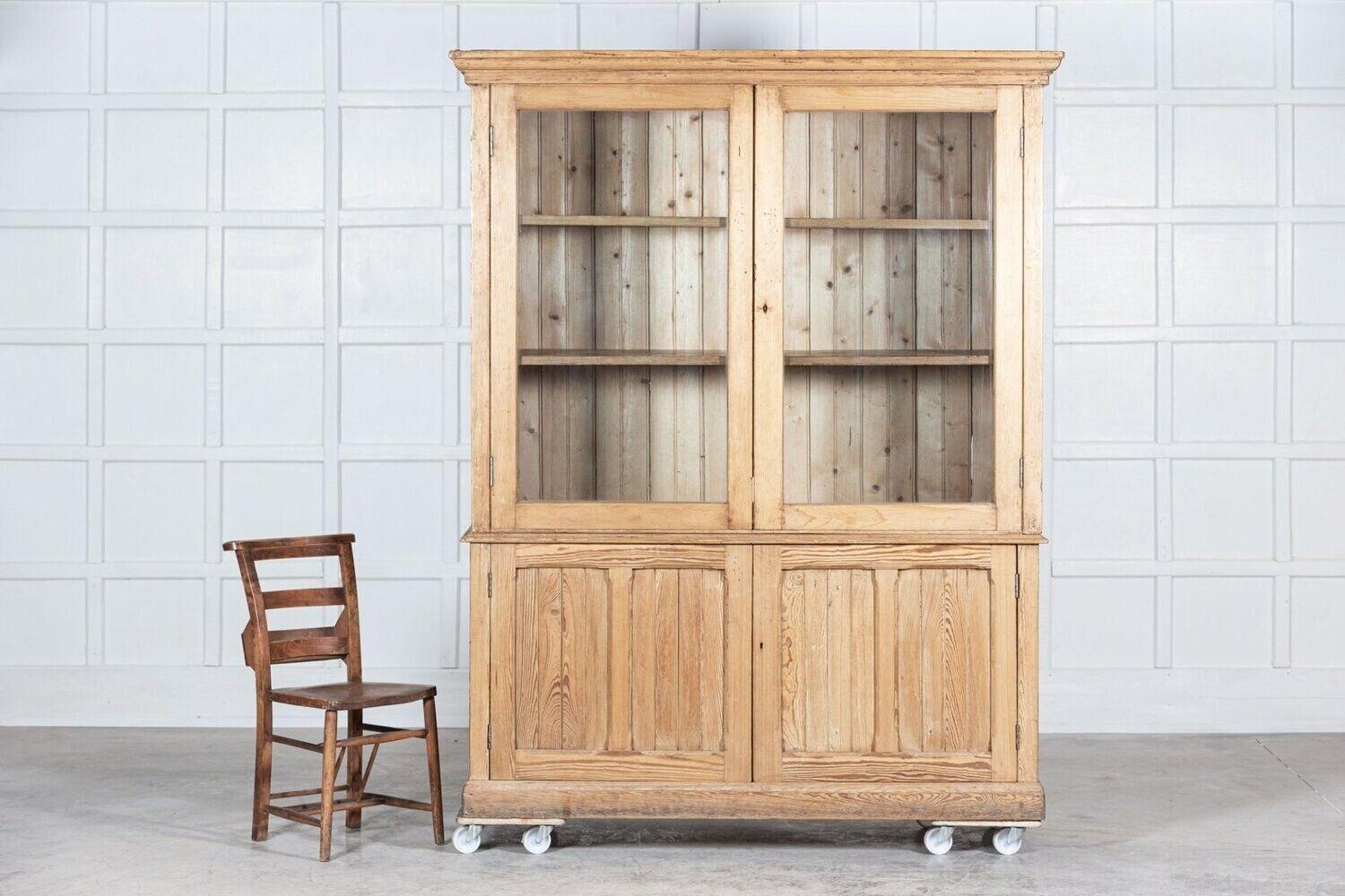 19th Century Large 19th C English Pine Glazed Display Cabinet / Bookcase