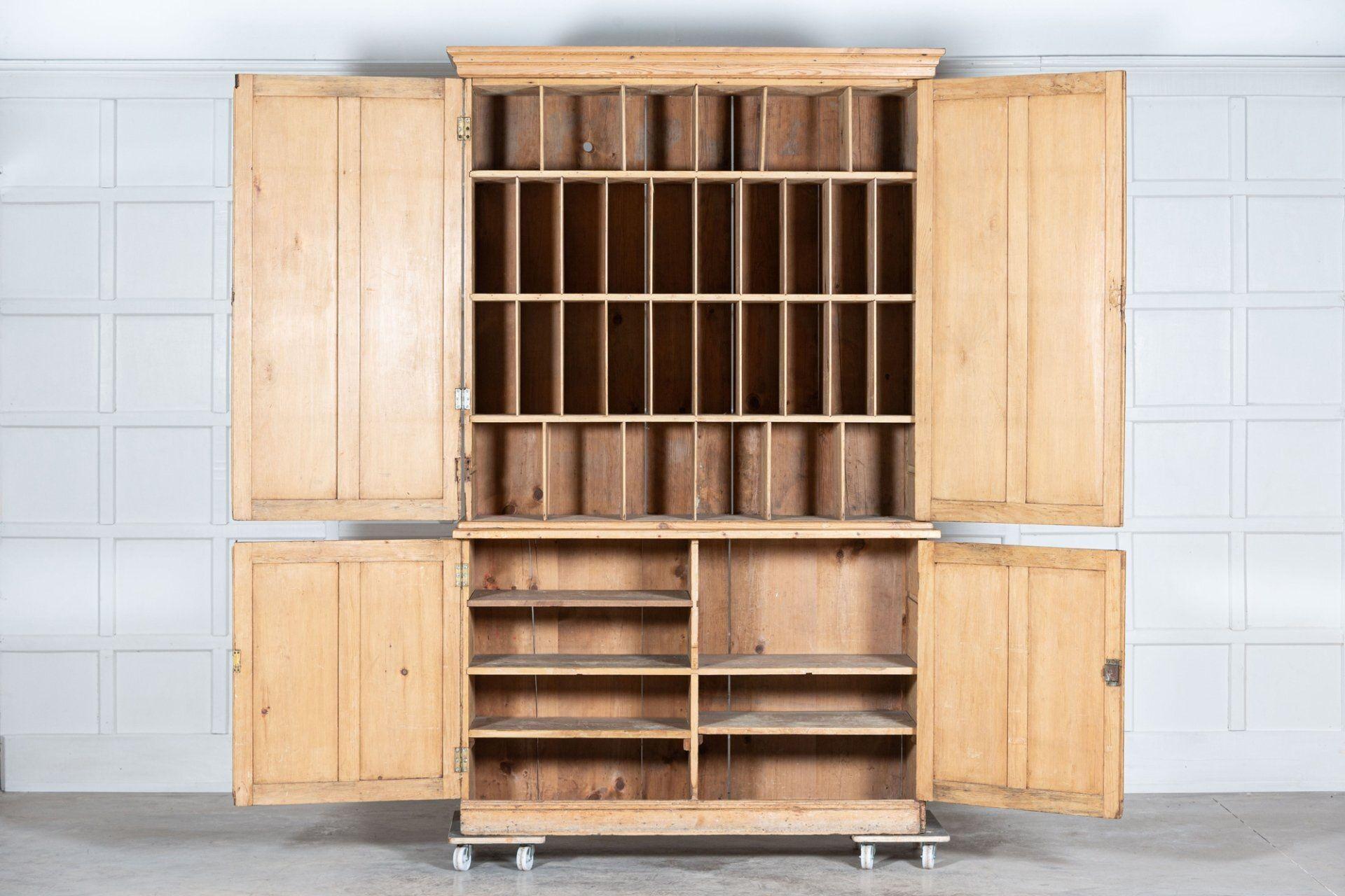 circa 1870
Large 19thC English Pine Housekeepers Cupboard.
(Some partitions can be removed leaving a shelved interior - tbc).
Two parts
Measures: W153 x D55 x H241 cm
Top W152 x D46 x H147 cm
Base W148 x D55 x H94 cm.
 