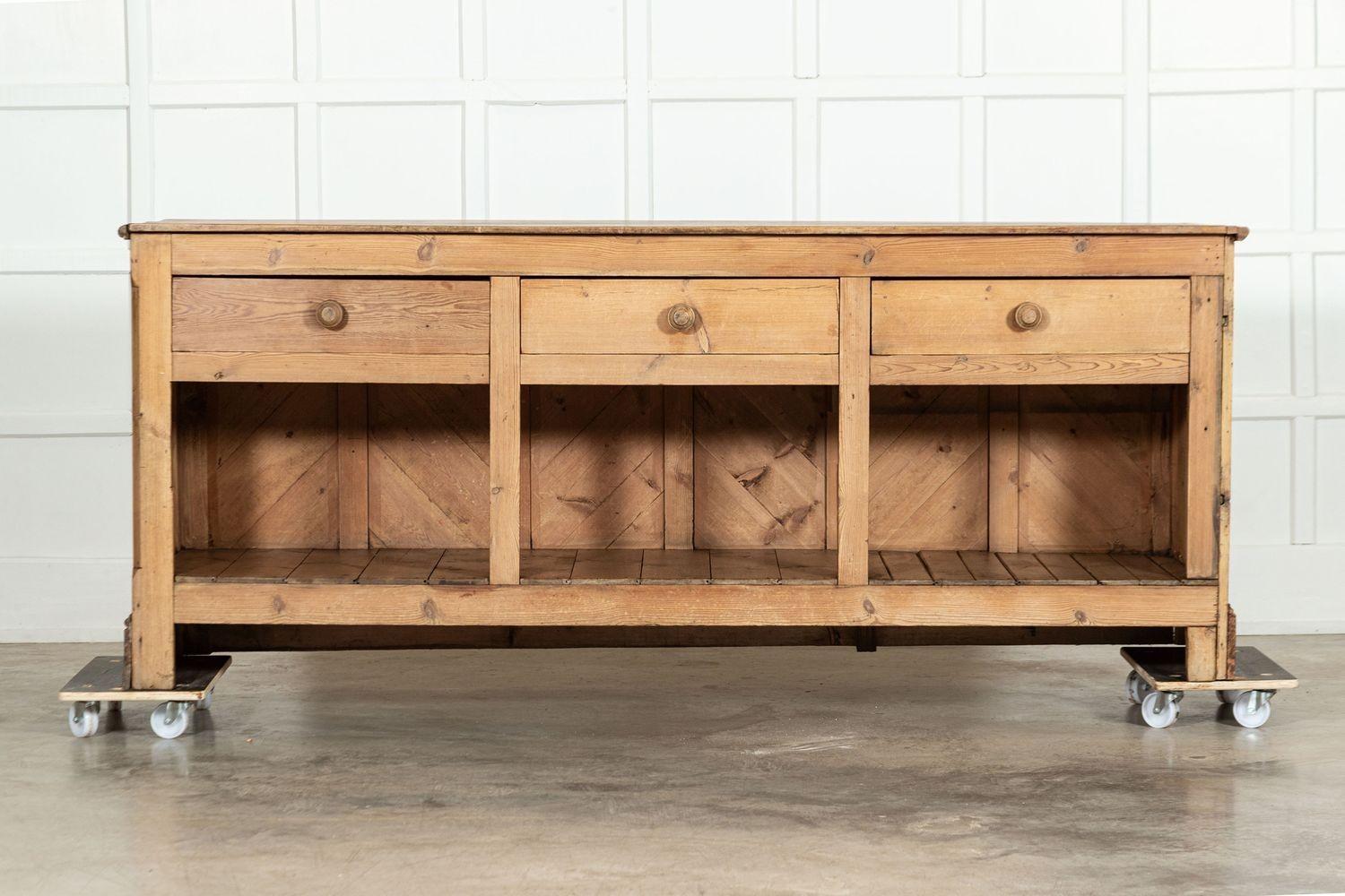 circa 1870
Large 19thC English Pine Shop Counter
sku 1853
Width 226cm x Depth 64cm x Height 92cm
Weight 79kg