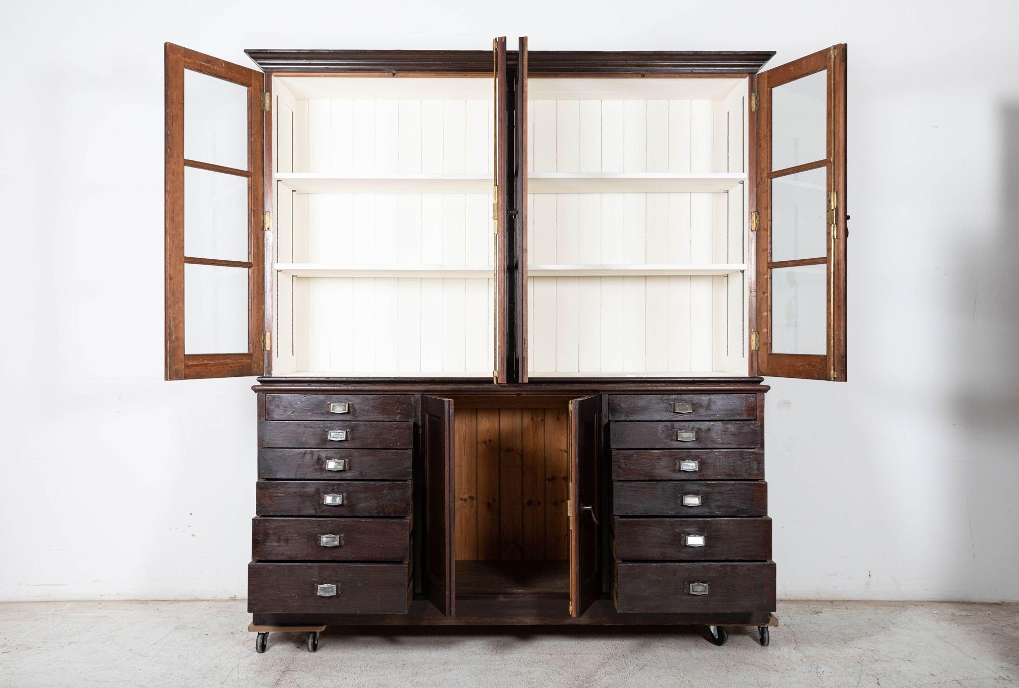 Circa 1890
Large 19thC English Pine Specimen Display Cabinet / Bookcase with adjustable shelving and graduating drawers in original finish
Exceptional quality with all original brass hardware/drawer runners and locks
sku 1037
(2 sections)
W211 x D63