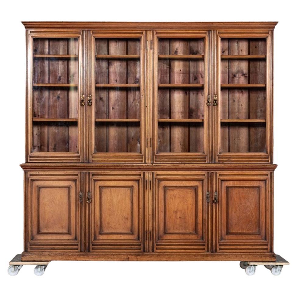 Large 19thC English Walnut Glazed Bookcase For Sale