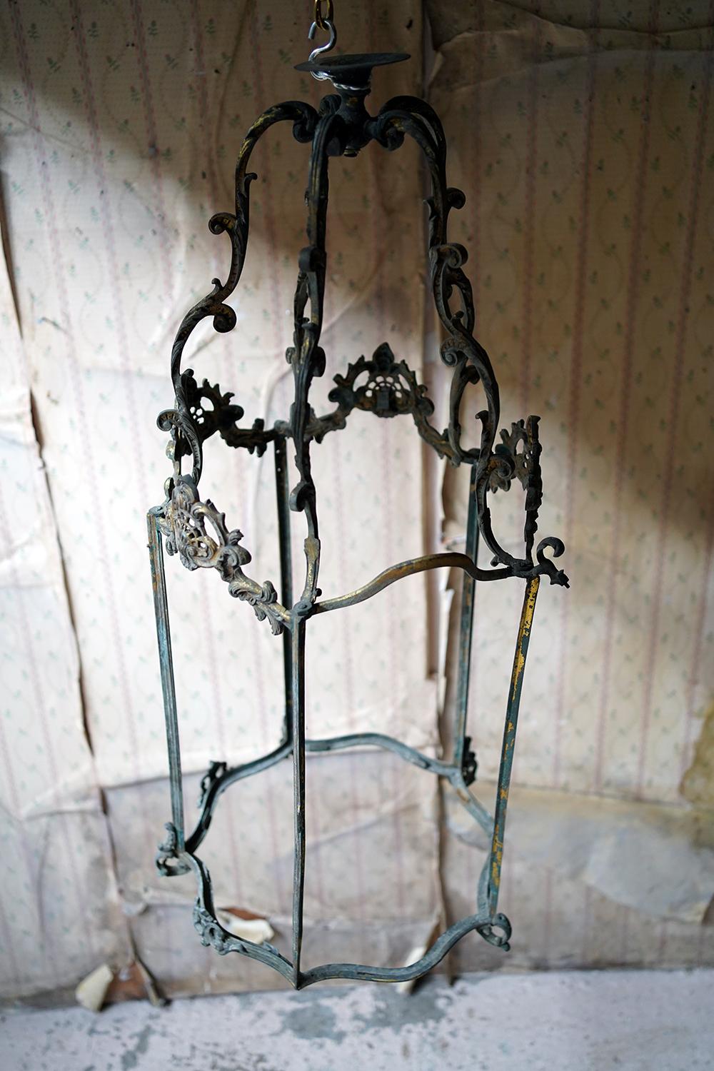 Large 19thC French Brass Rococo Revival Hanging Hall Lantern c.1880 For Sale 11