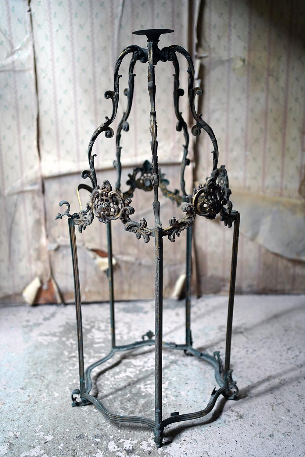 Cast Large 19thC French Brass Rococo Revival Hanging Hall Lantern c.1880 For Sale