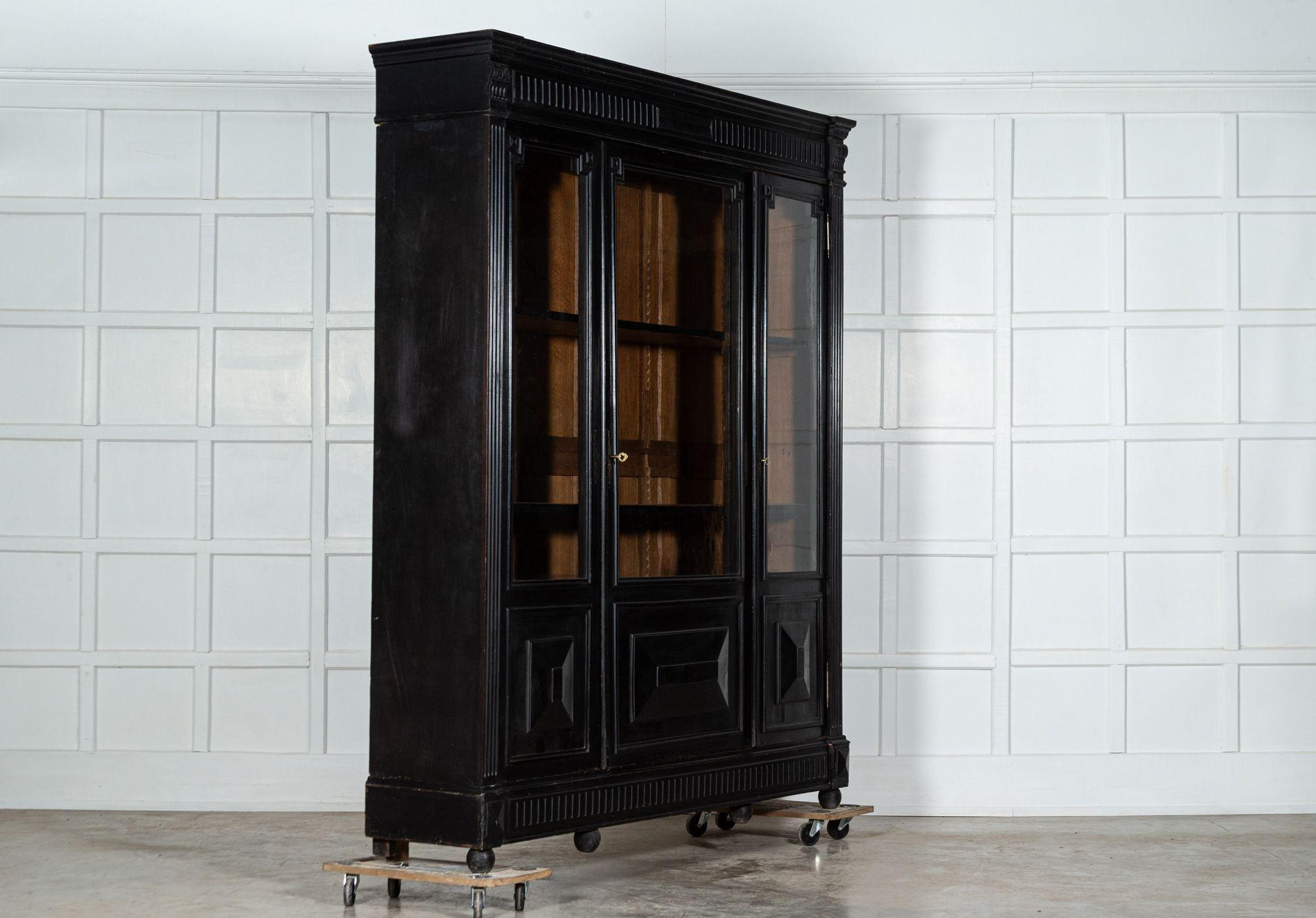 19th Century Large 19thC French Ebonised Oak Glazed Bookcase Cabinet