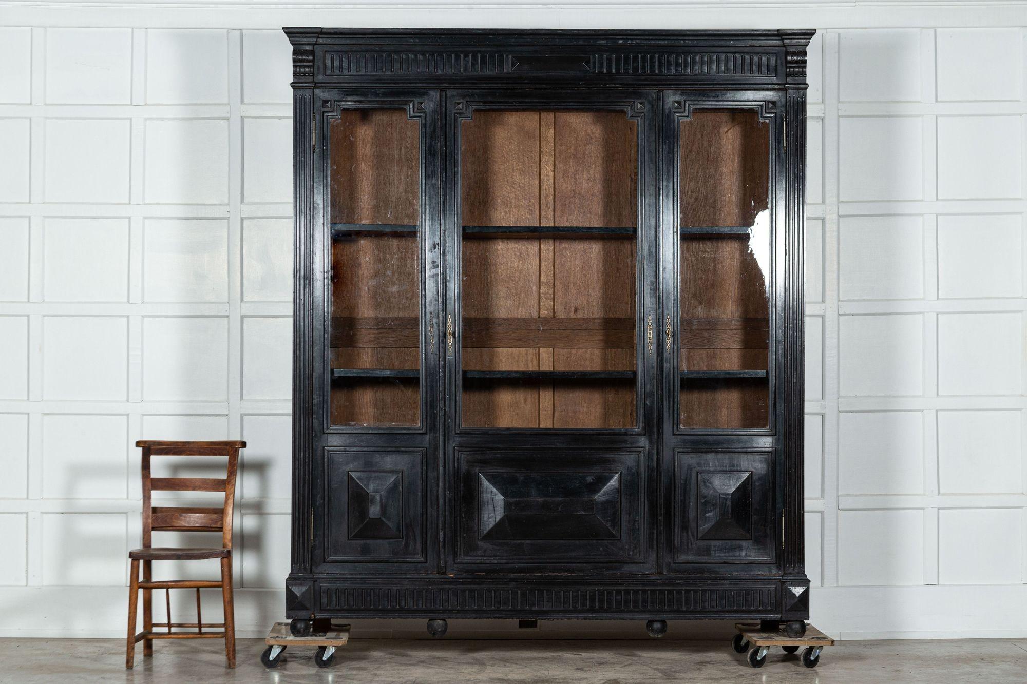 Large 19thC French Ebonised Oak Glazed Bookcase Cabinet 1