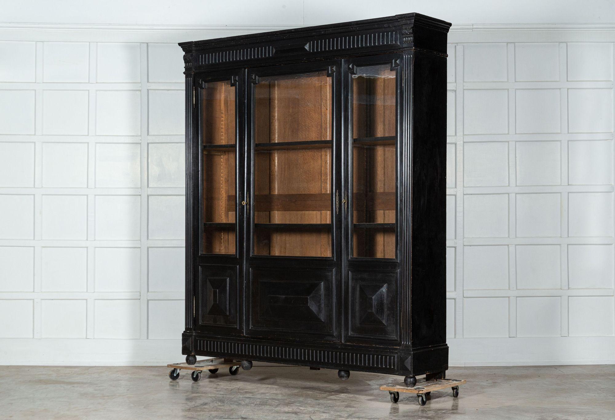 Large 19thC French Ebonised Oak Glazed Bookcase Cabinet 2