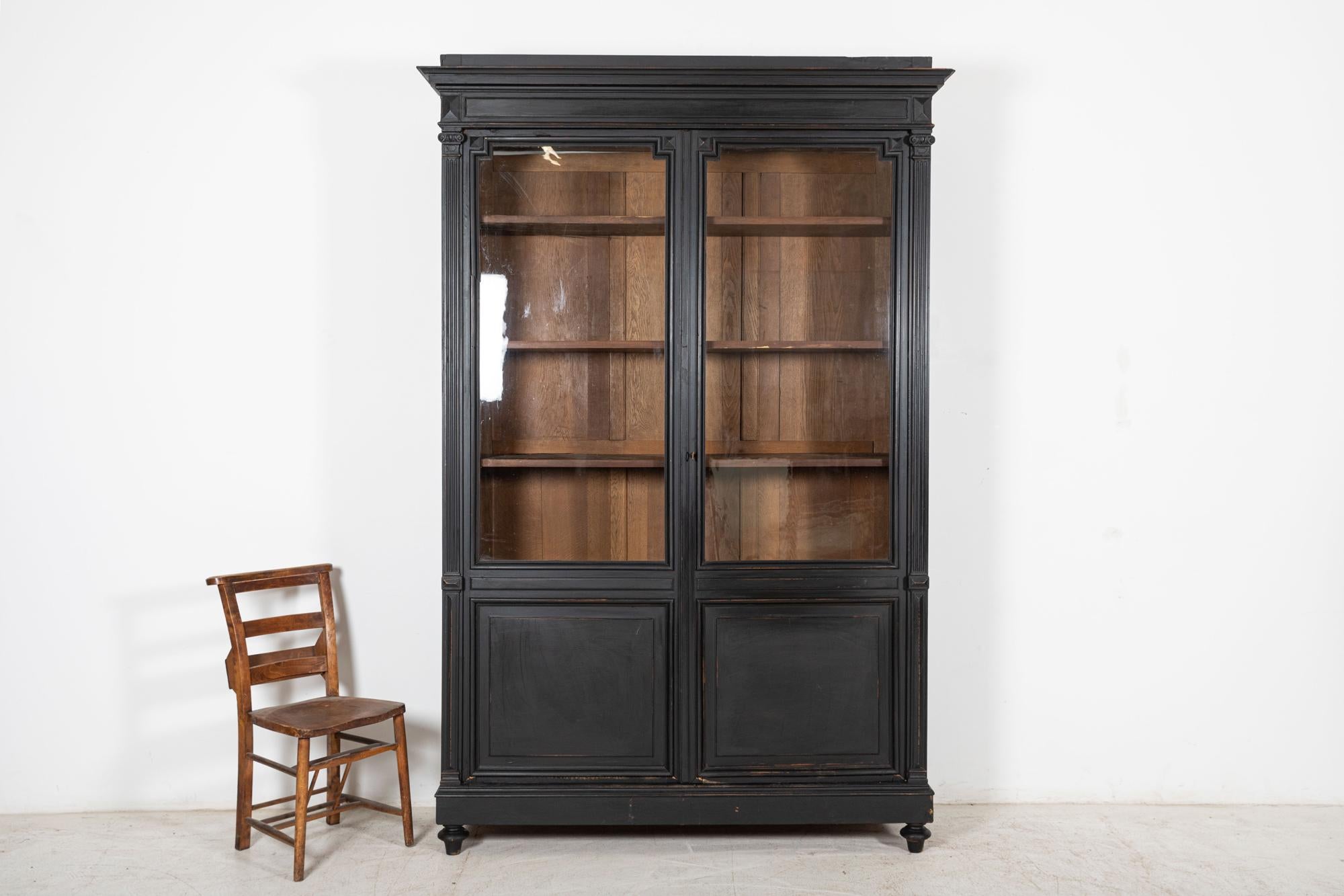 Large 19thC French Ebonized Oak Glazed Vitrine Bookcase 2