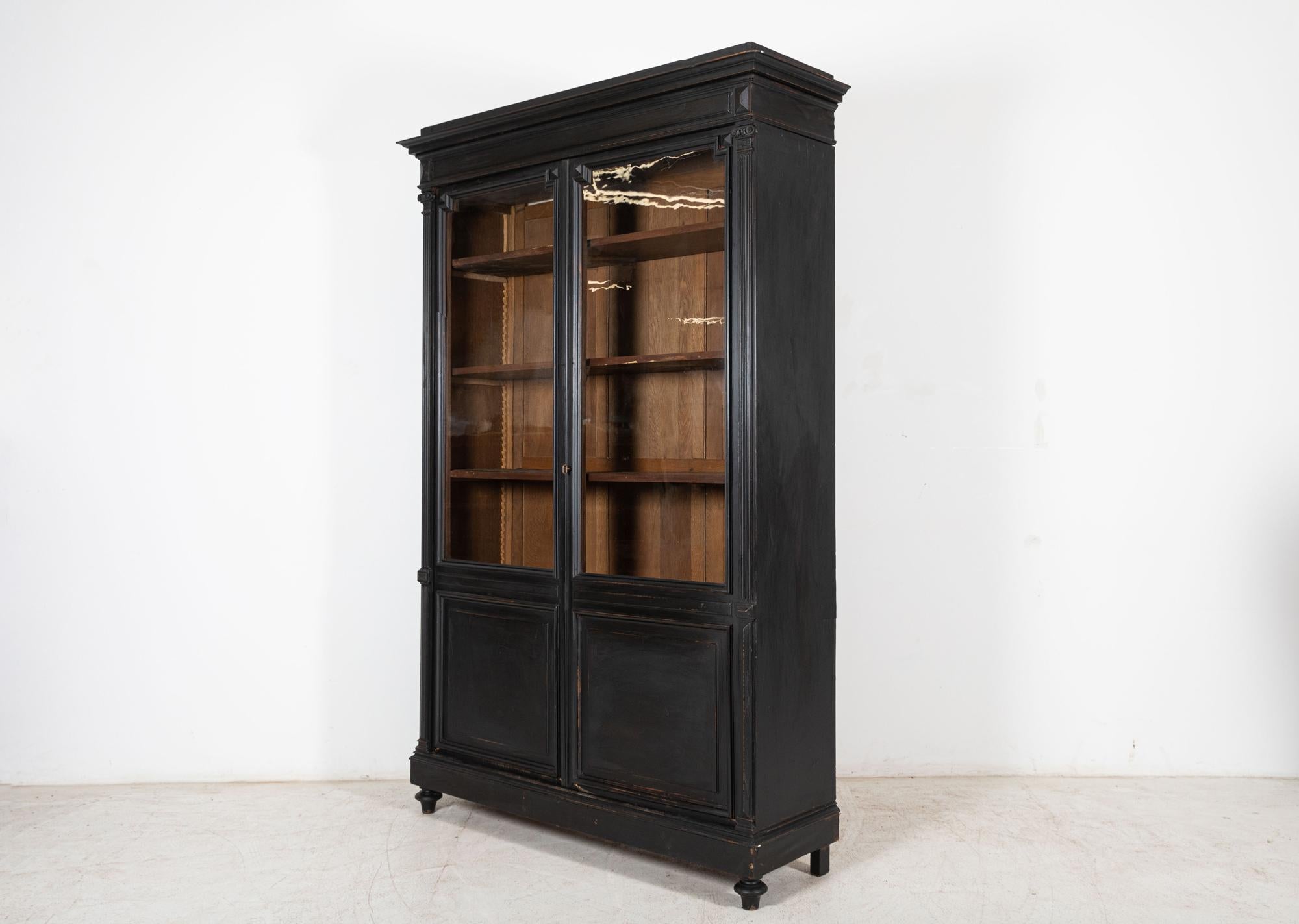 Large 19thC French Ebonized Oak Glazed Vitrine Bookcase 5