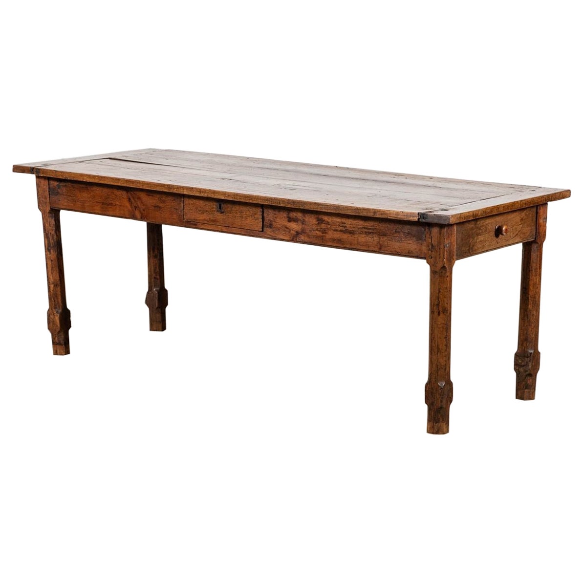 Grande table de ferme en orme et bois de fruitiers du 19e siècle