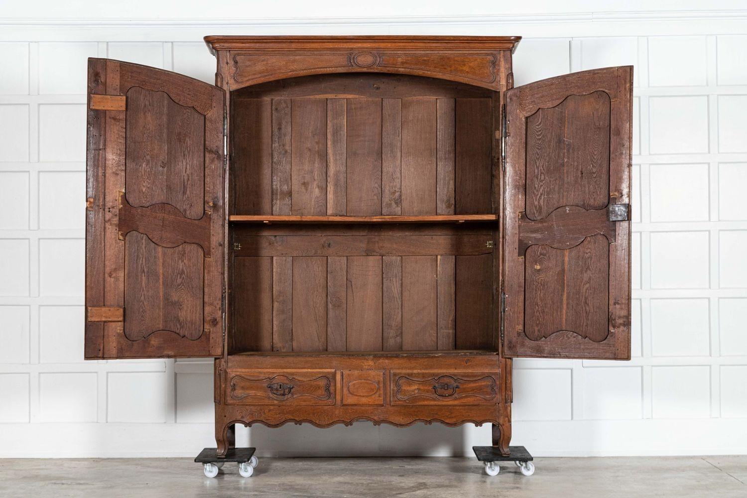 circa 1800
Large 19thC French Oak Armoire
sku 1946
W173 x D60 x H227 cm
Internal shelf depth 45 cm
Weight 159 kg