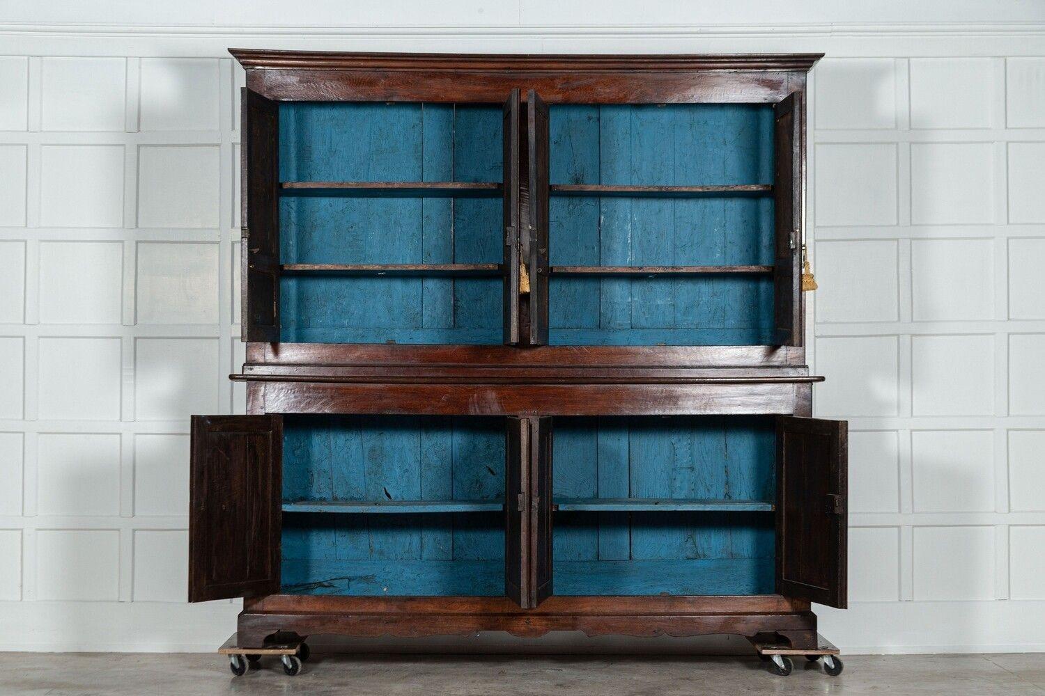 circa 1790
Large 19thC George III English Oak & Fruitwood Housekeepers Cupboard
Exceptional patination and colour
sku 1576
Base W229 x D50 x H105cm
Top W230 x D45 x H125cm
Together W230 x D50 x H230cm