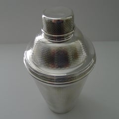 Large 2 1/4 Pint English Art Deco Silver Plated Cocktail Shaker, Engine Turned
