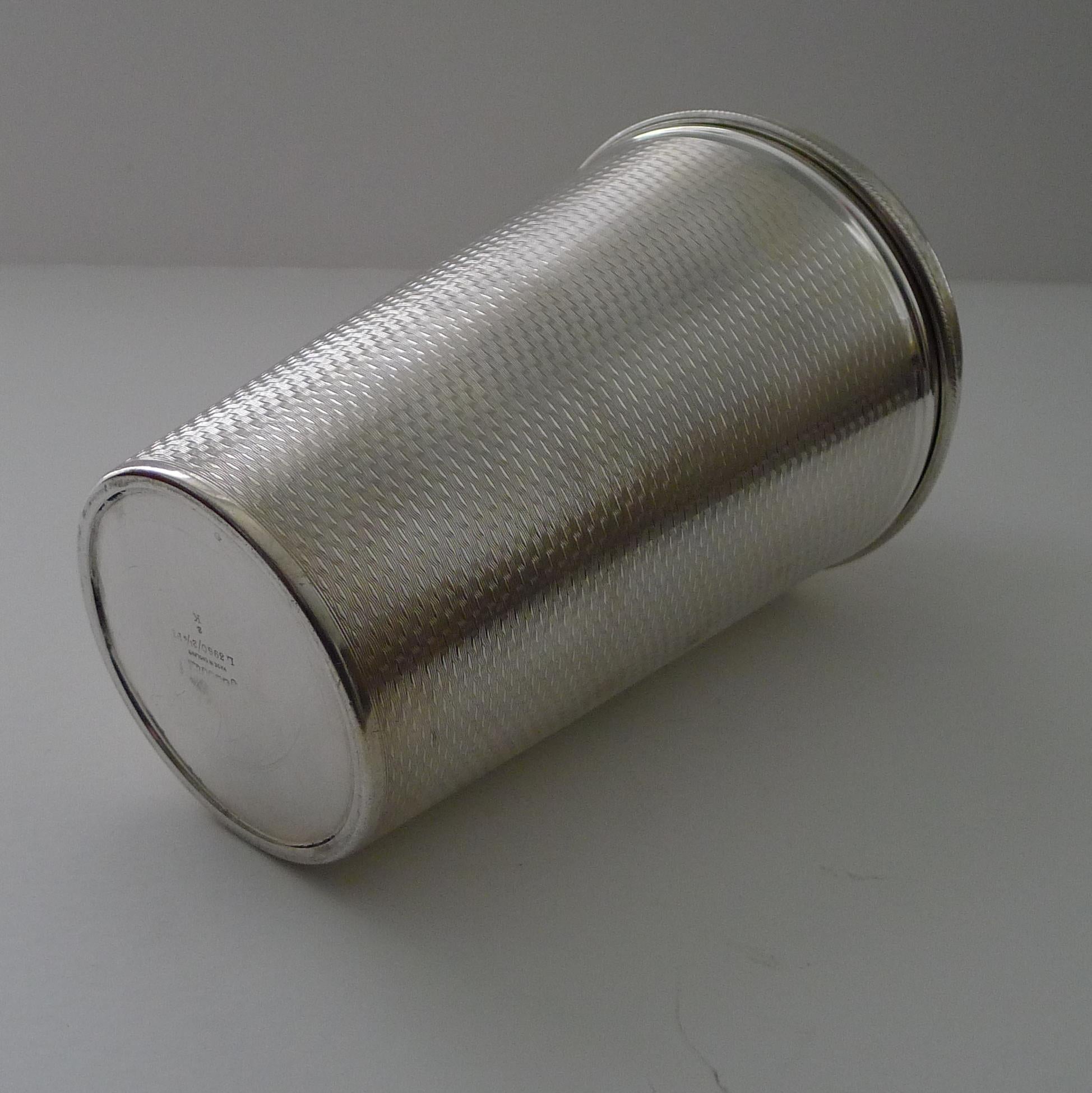 Large 2 1/4 Pint English Art Deco Silver Plated Cocktail Shaker, Engine Turned For Sale 4